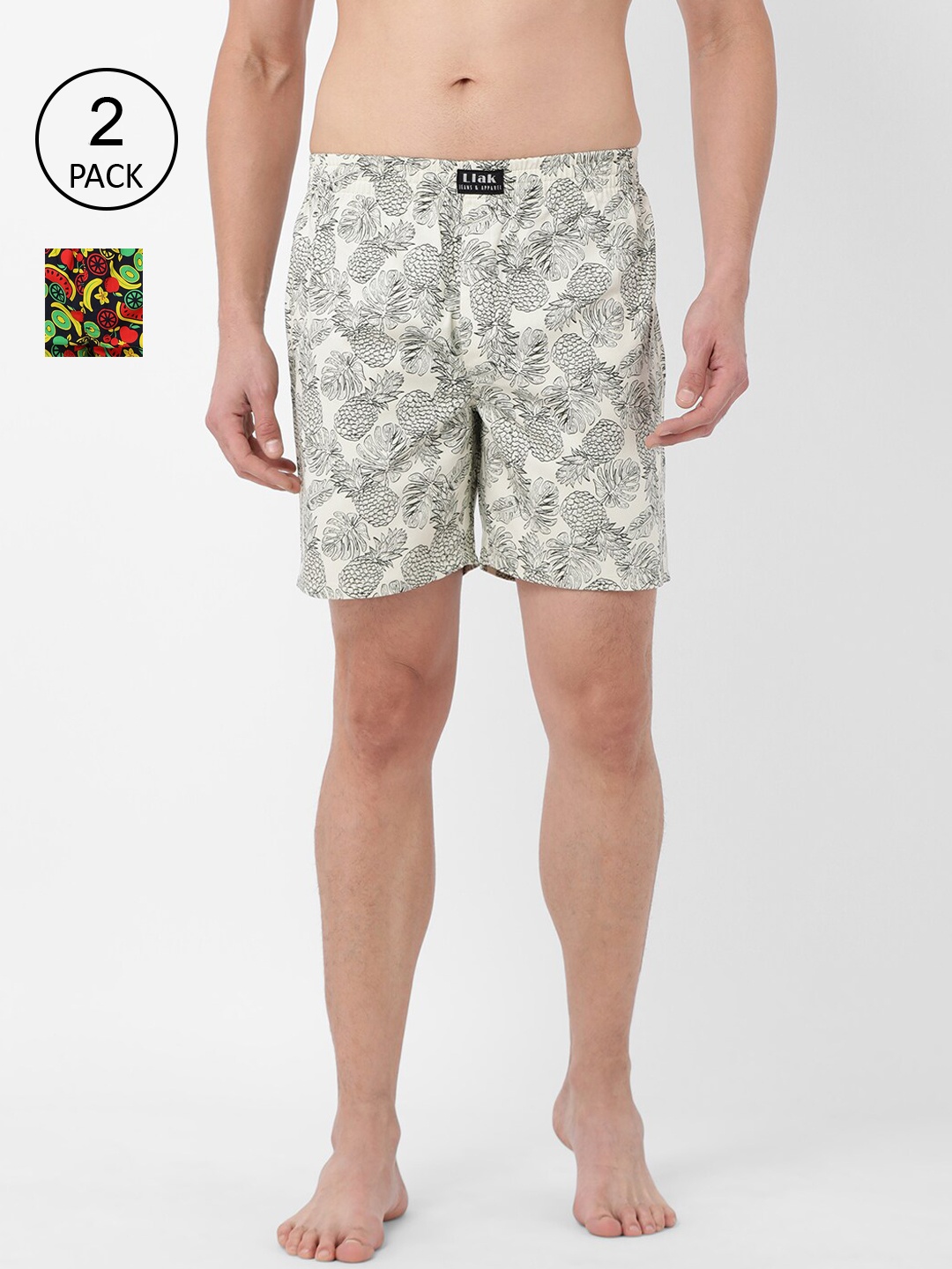 

Llak Jeans Men Pack Of 2 Printed Relaxed-Fit Pure Cotton Boxers Boxer Set-5-6-SP, Off white