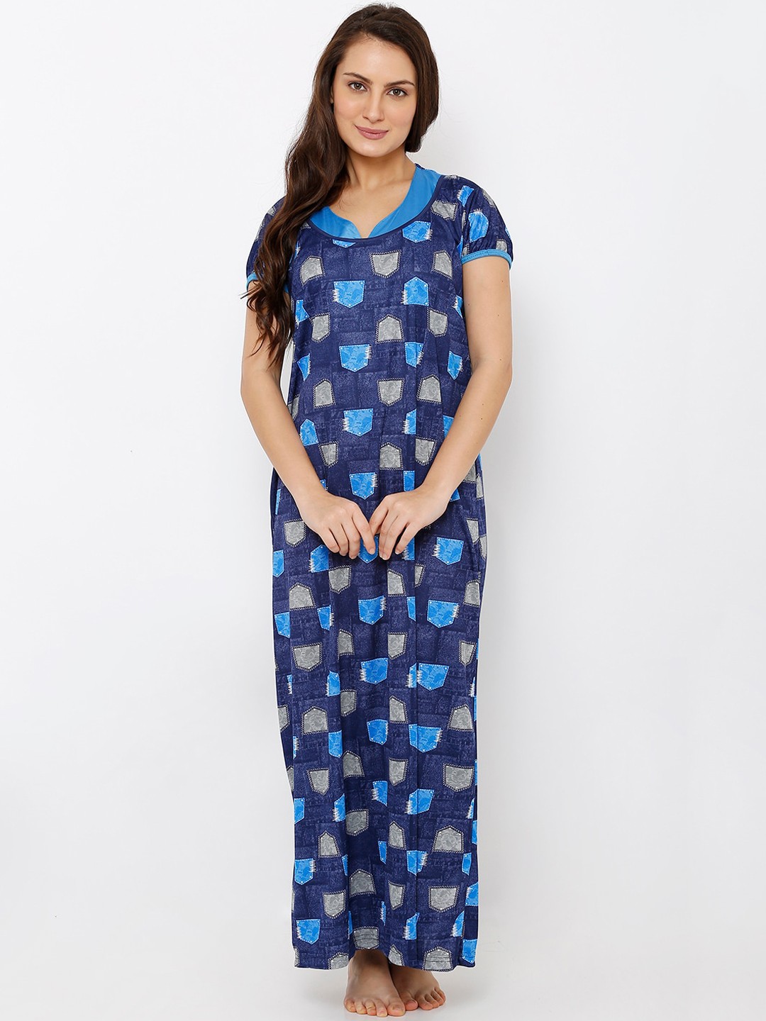 

Pretty Awesome Women Navy Blue & Grey Printed Nightdress
