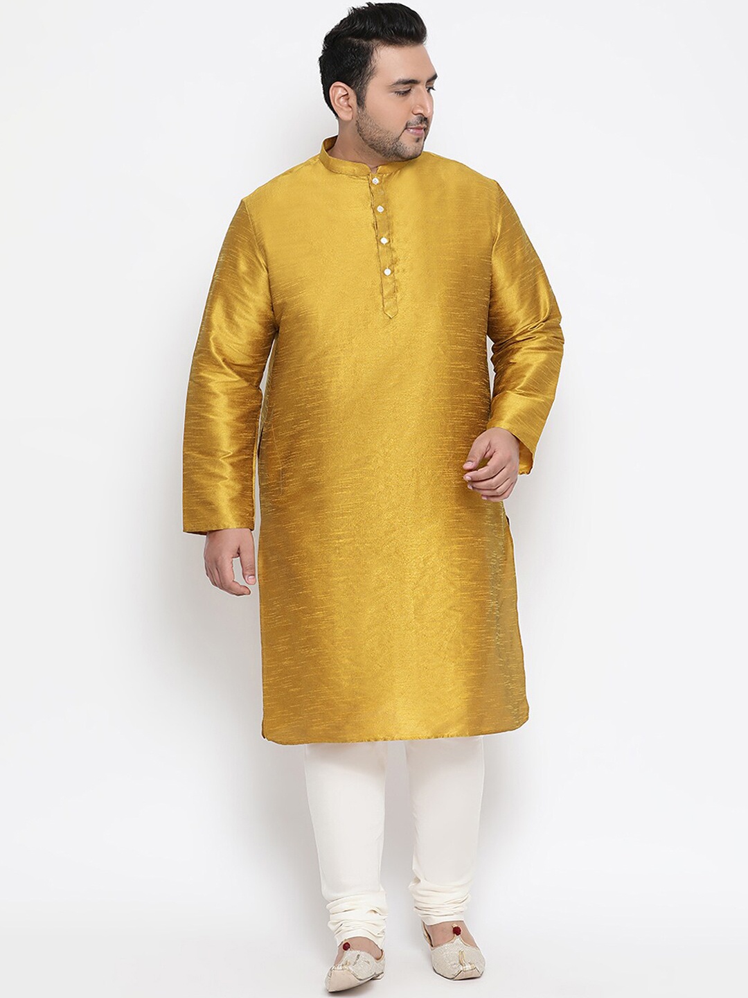

KISAH PLUS Men Off-White & Mustard Yellow Solid Kurta with Pyjamas & Nehru Jacket