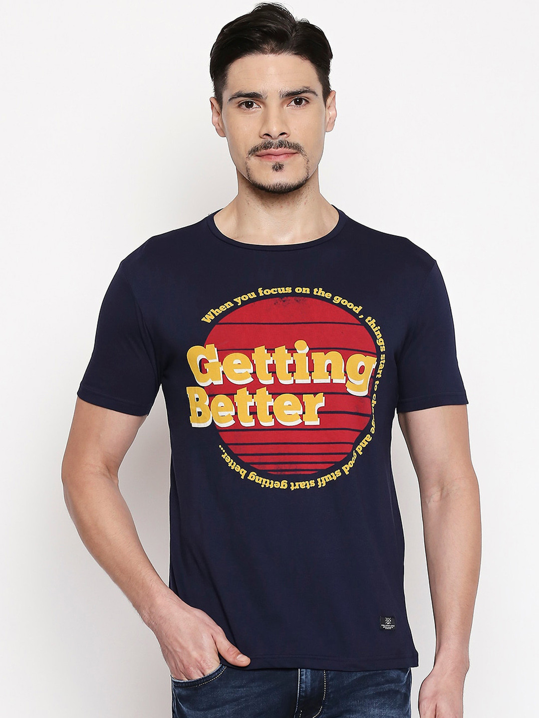 

People Men Navy Blue Printed Round Neck Cotton T-shirt
