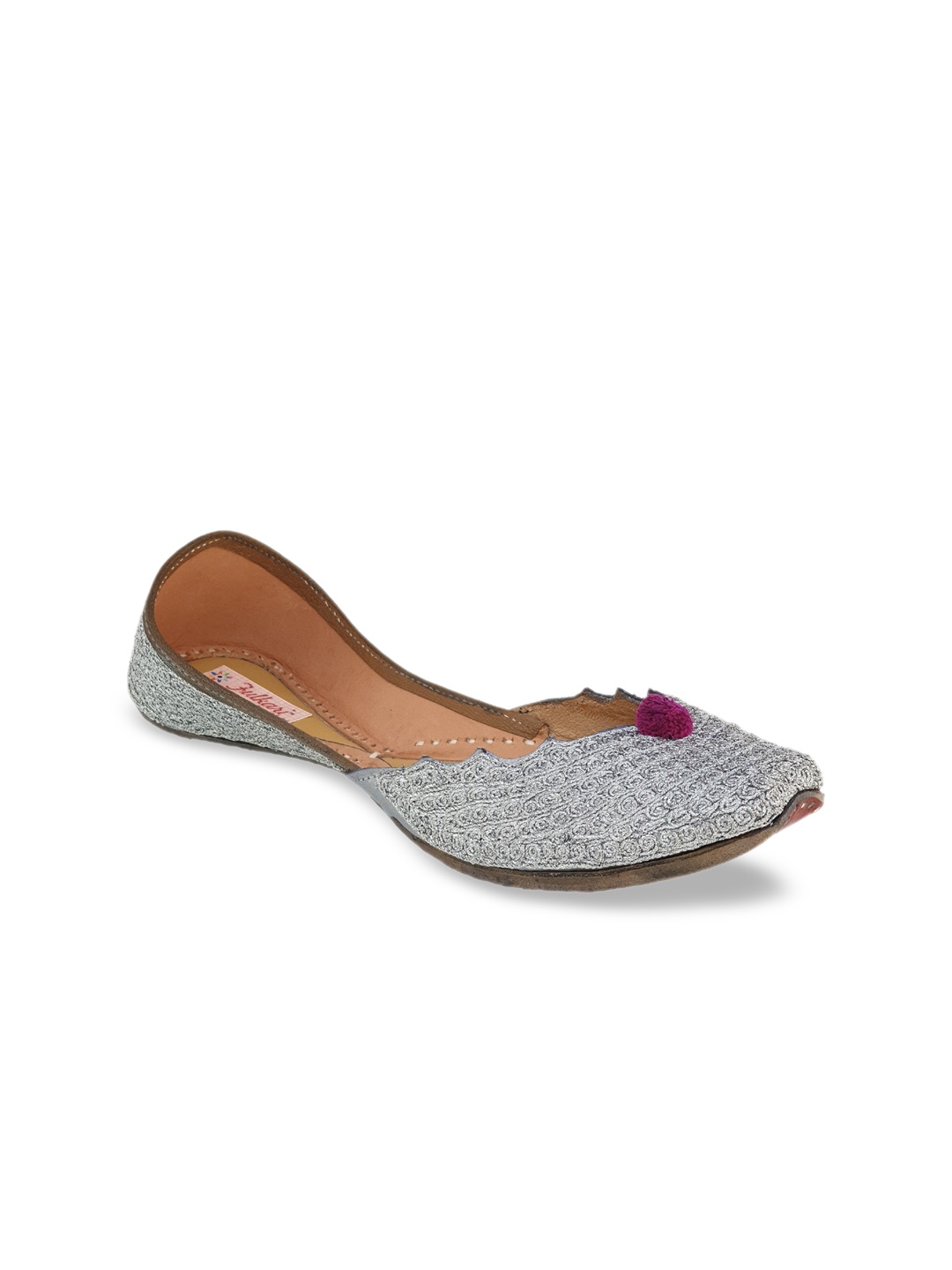 Fulkari Women Grey Woven Design Leather Mojaris
