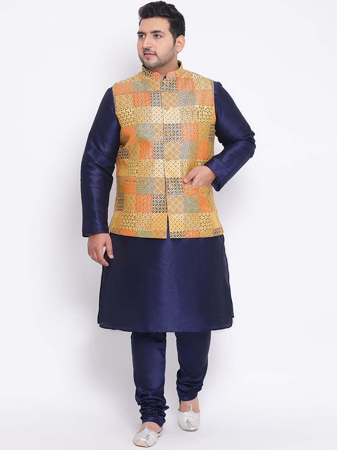KISAH Men Abstract Printed Regular Fit Kurta Jacket Churidar Set, Navy blue