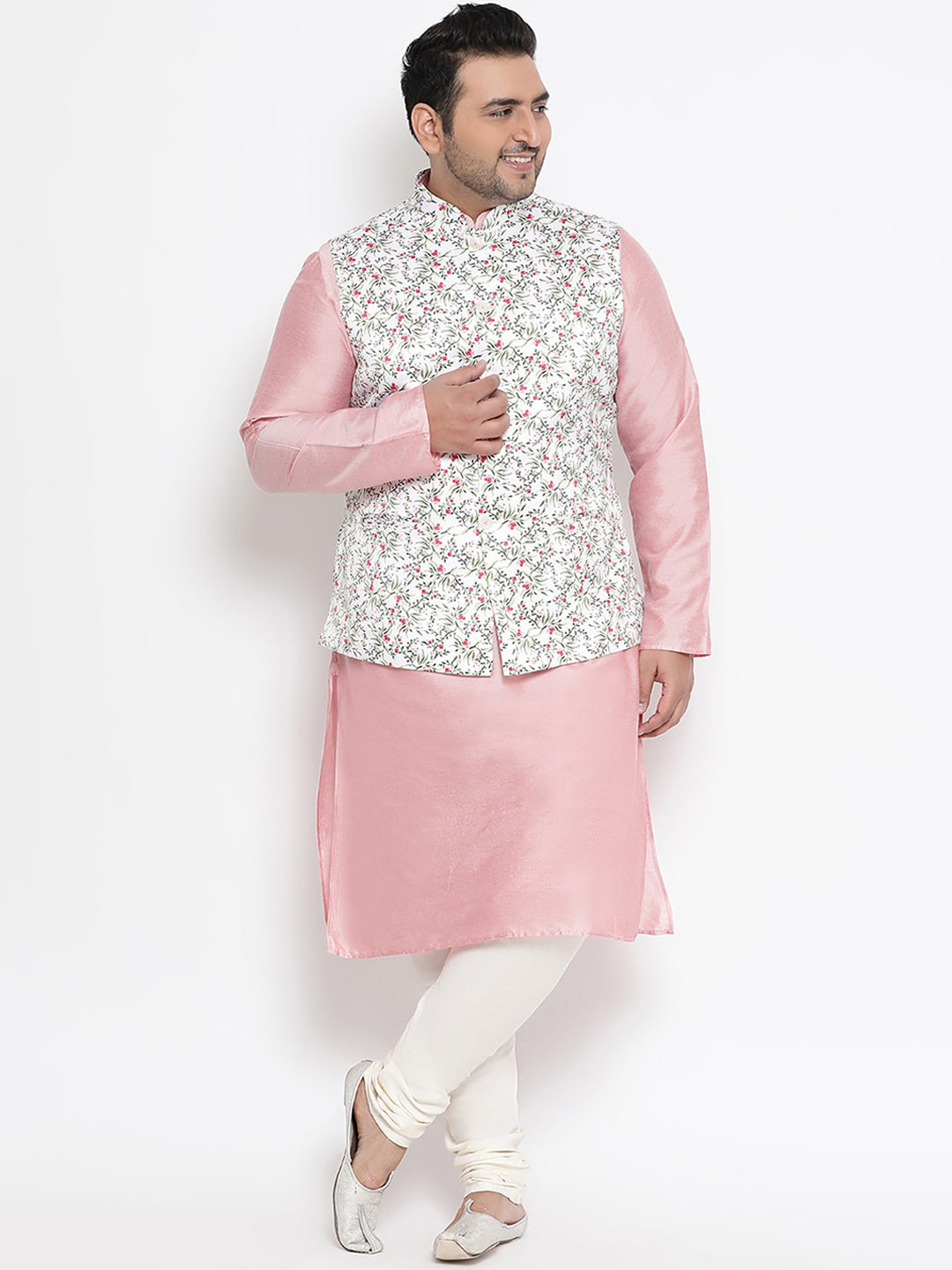 

KISAH PLUS Men Pink & Cream-Coloured Solid Kurta with Churidar & Nehru Jacket