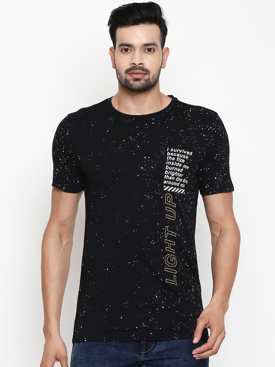 

People Men Black Printed Round Neck Cotton T-shirt