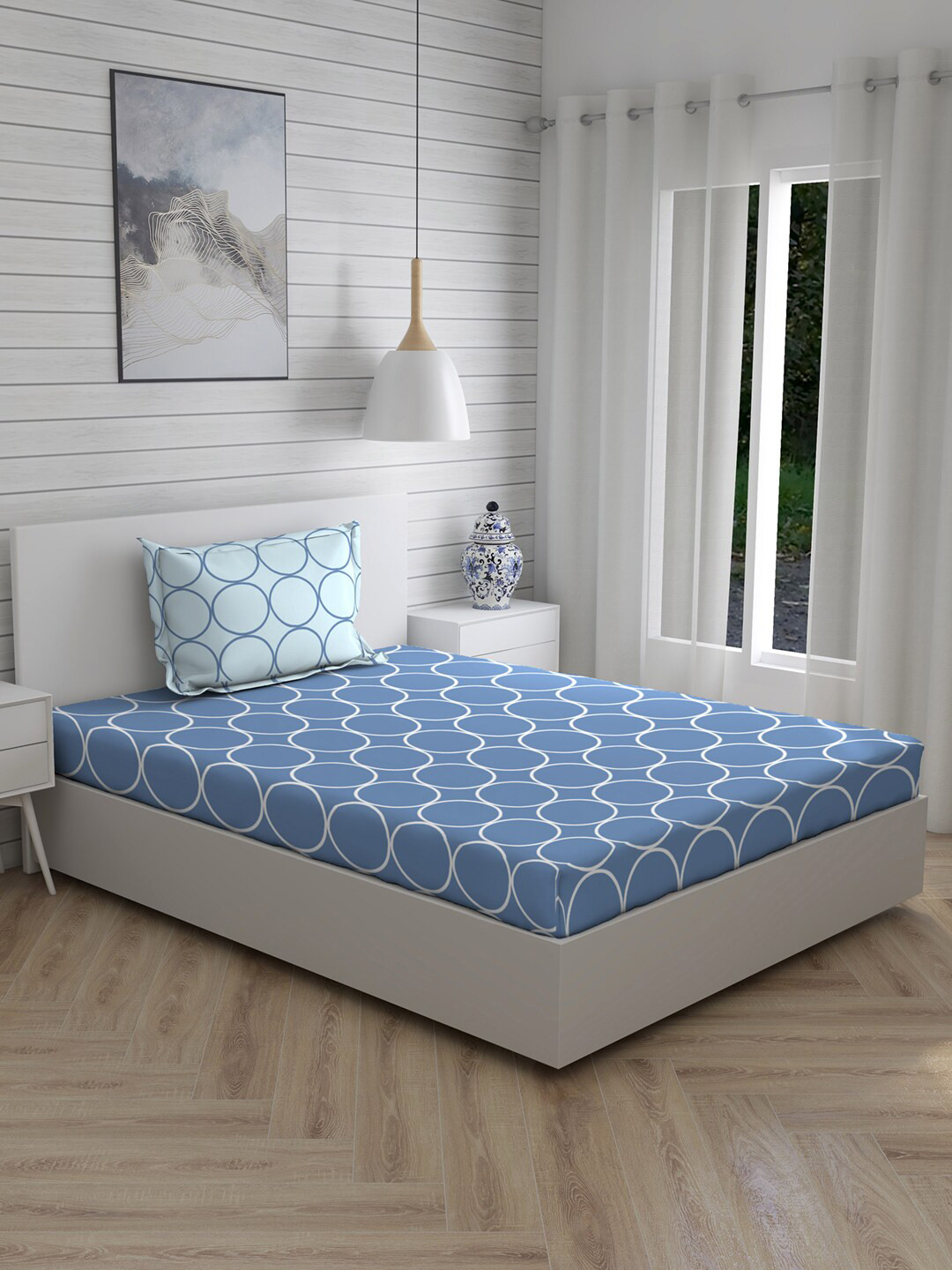 

Layers Blue & White Printed 104 TC Single Bedsheet With 1 Pillow Cover