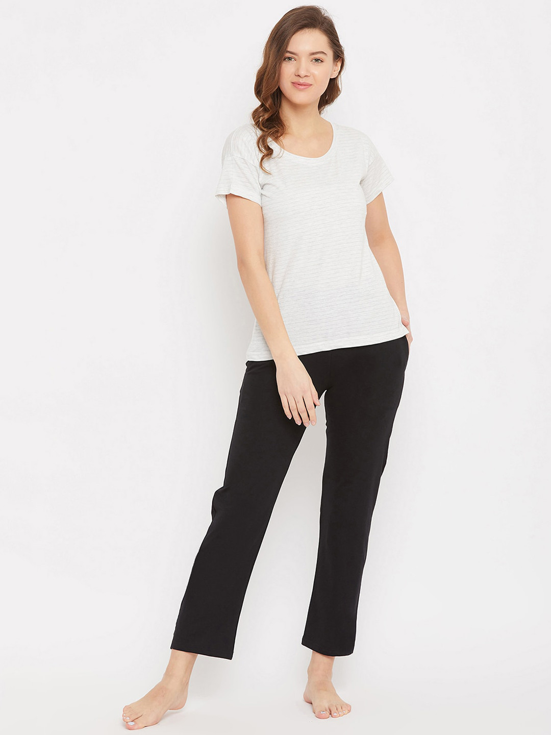

Clovia Women Grey & Black Striped Night Suit