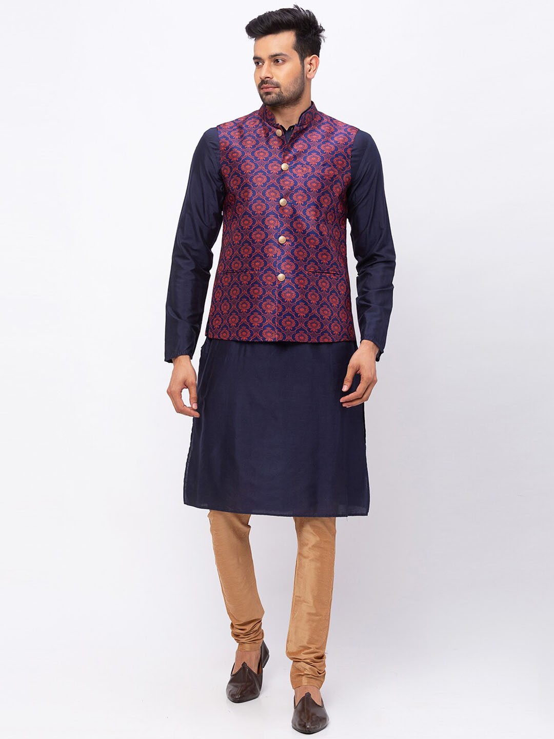 

Ethnicity Men Navy Blue Printed Nehru Jacket