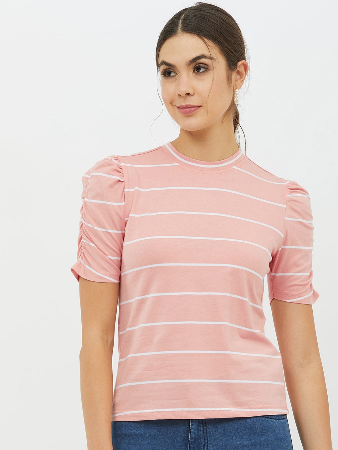 

Harpa Women Pink Striped Round Neck T-shirt