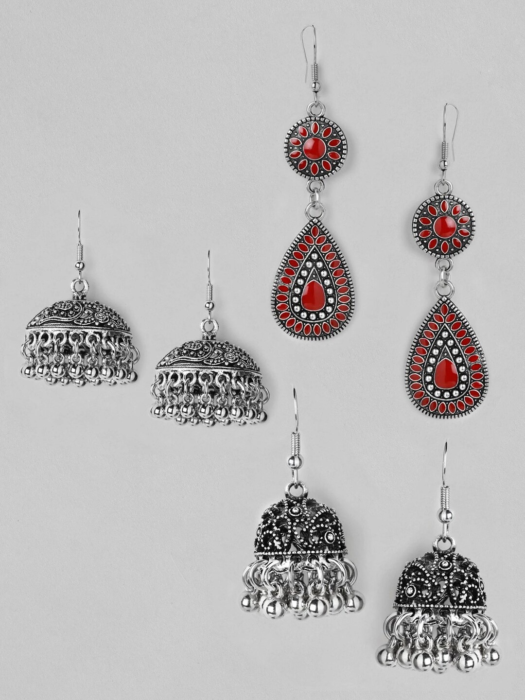 

Rubans Silver-Toned & Red Contemporary Set of 3 Jhumkas