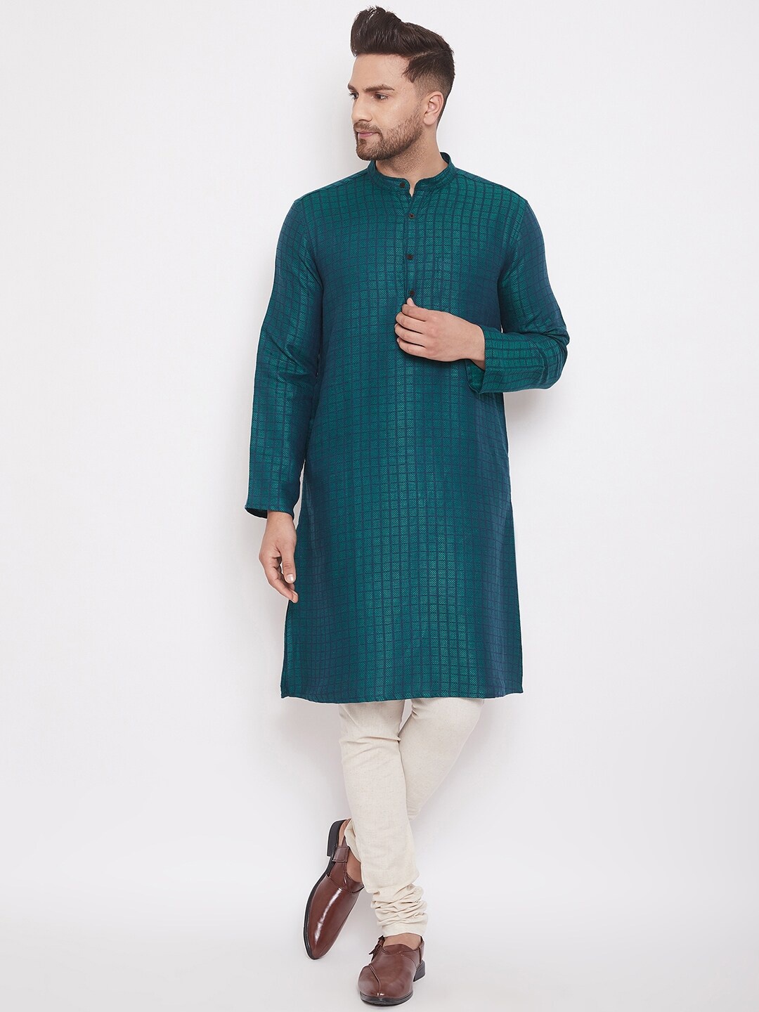 

even Men Green Striped Straight Kurta