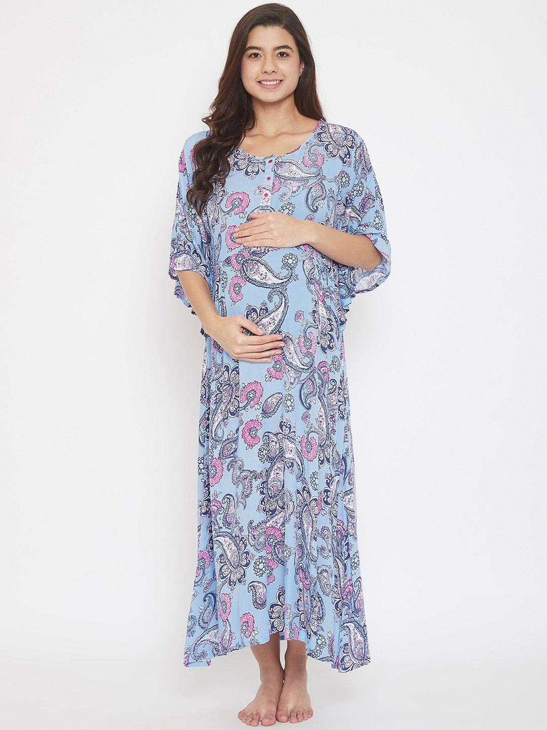 

The Kaftan Company Women Blue & Purple Paisley Printed Kaftan Style Maternity Nightdress