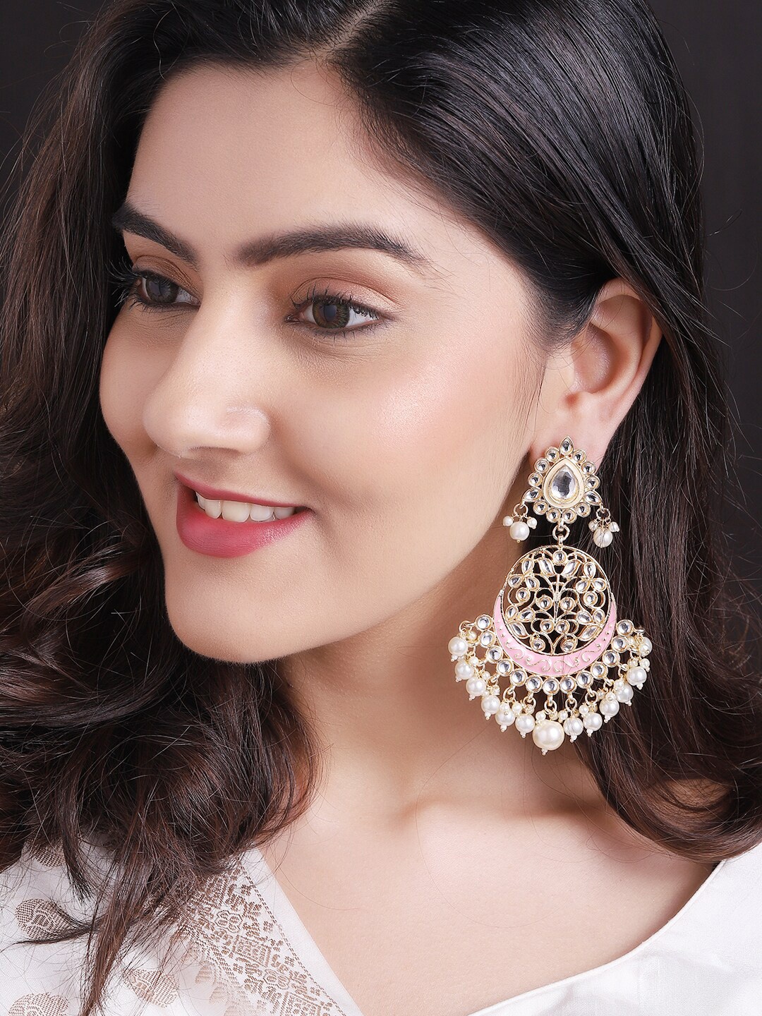 

Rubans Gold-Plated & Pink Contemporary Chandbalis