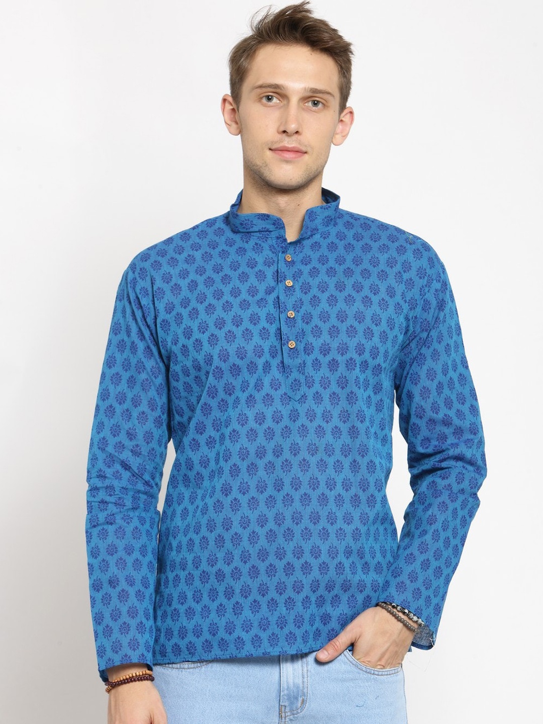 

RG DESIGNERS Men Blue Printed Straight Kurta