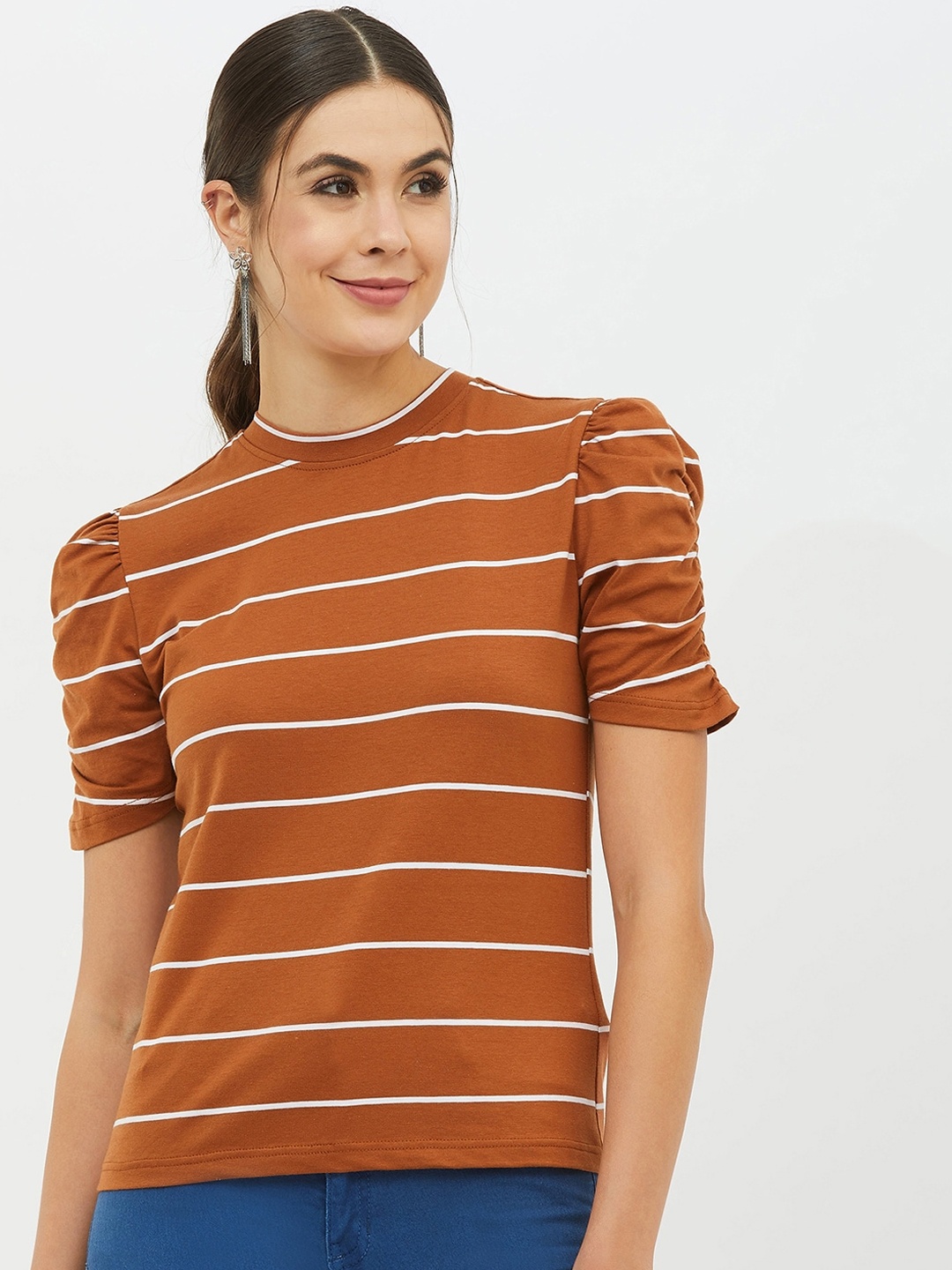 

Harpa Women Rust Striped Round Neck T-shirt