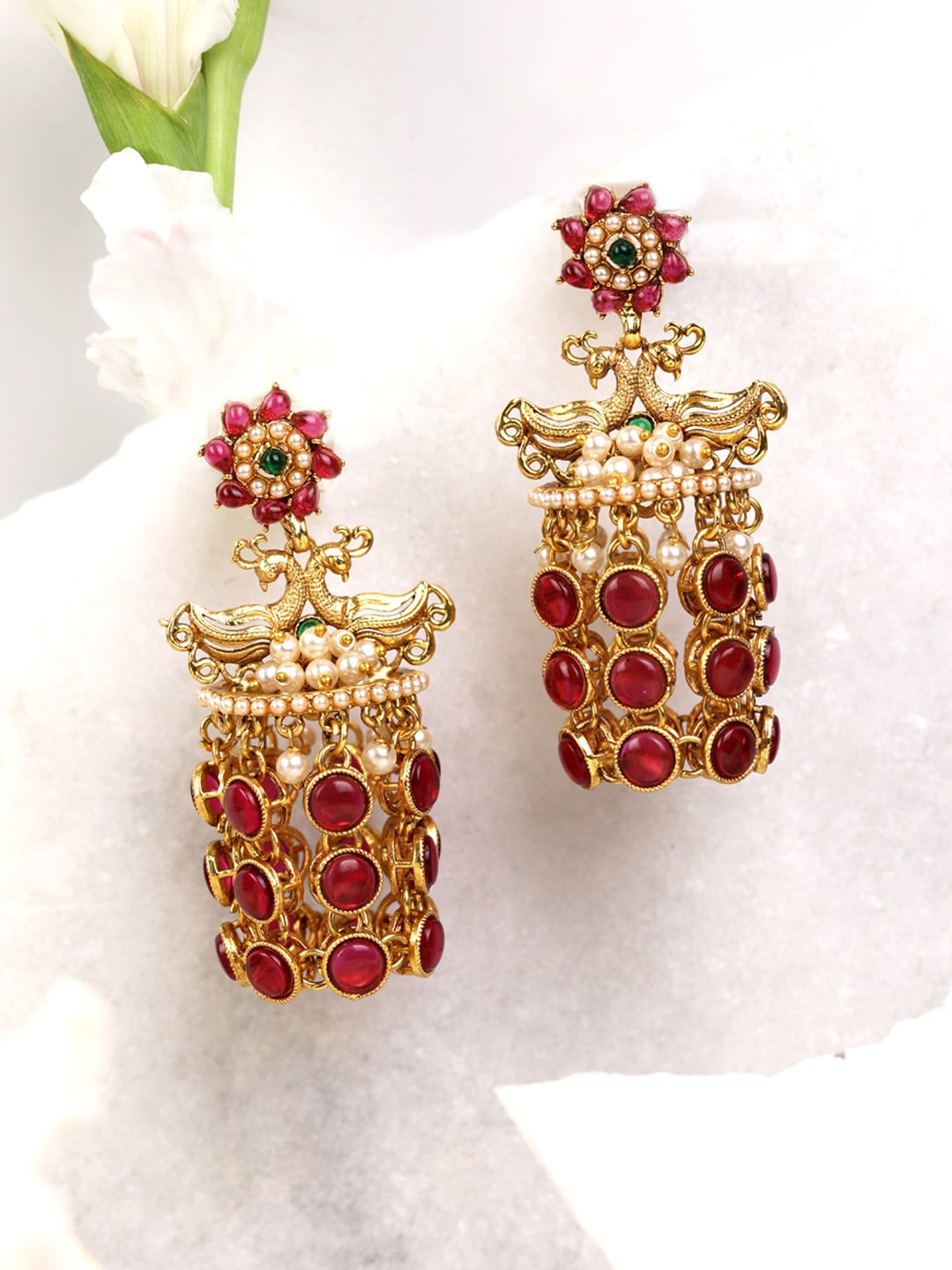 Priyaasi Gold-Toned & Red Contemporary Jhumkas