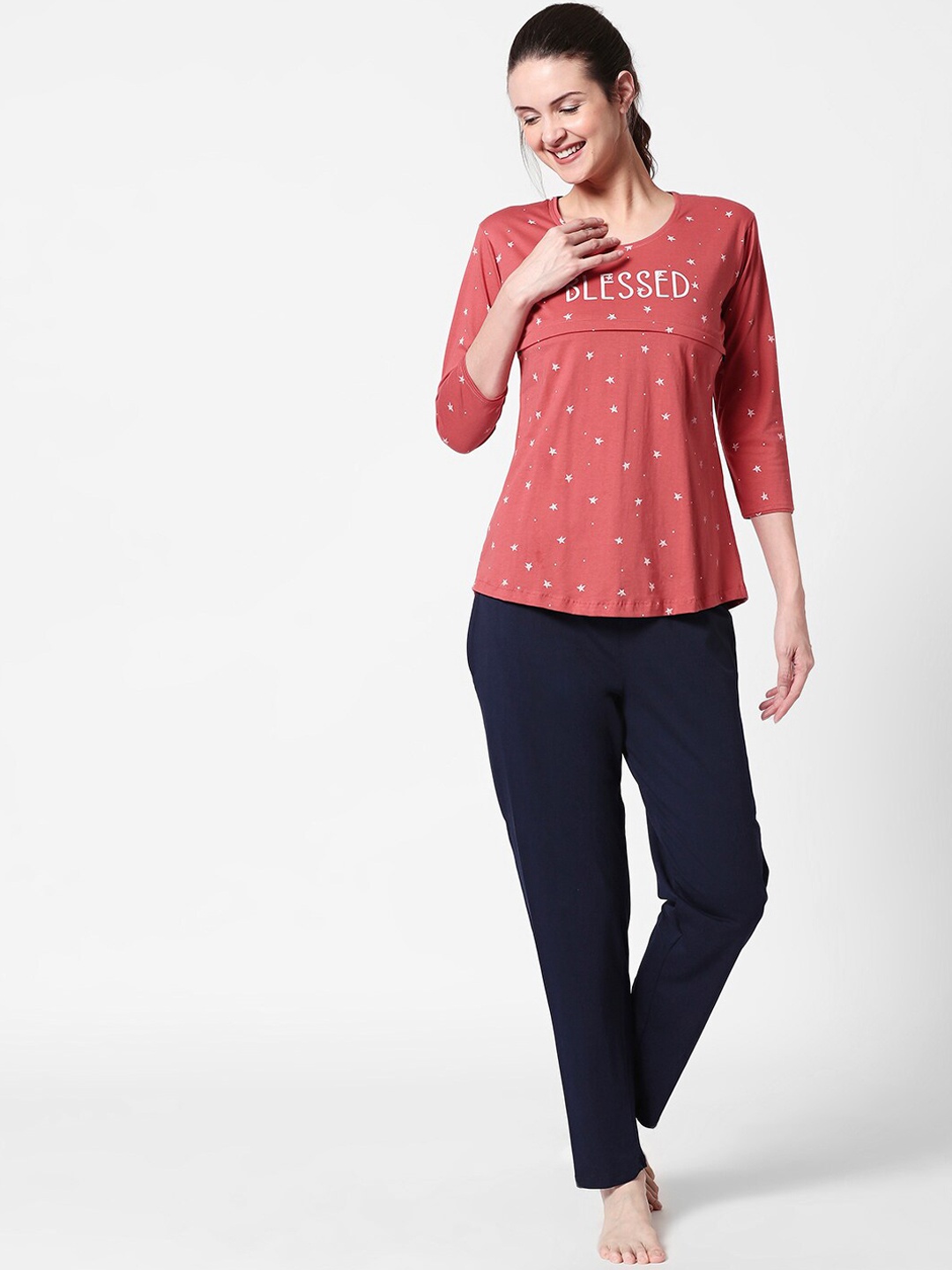 

Zeyo Women Rust Red & Navy Blue Printed Feeding Night Suit