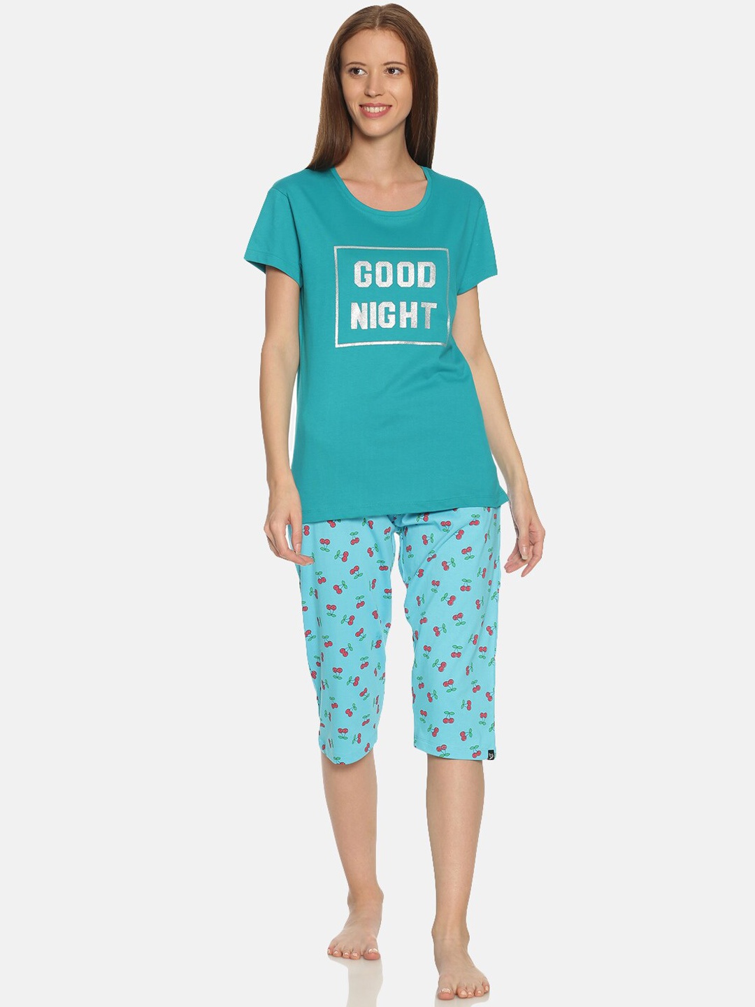 

TWIN BIRDS Women Green & Red Printed Night Suit