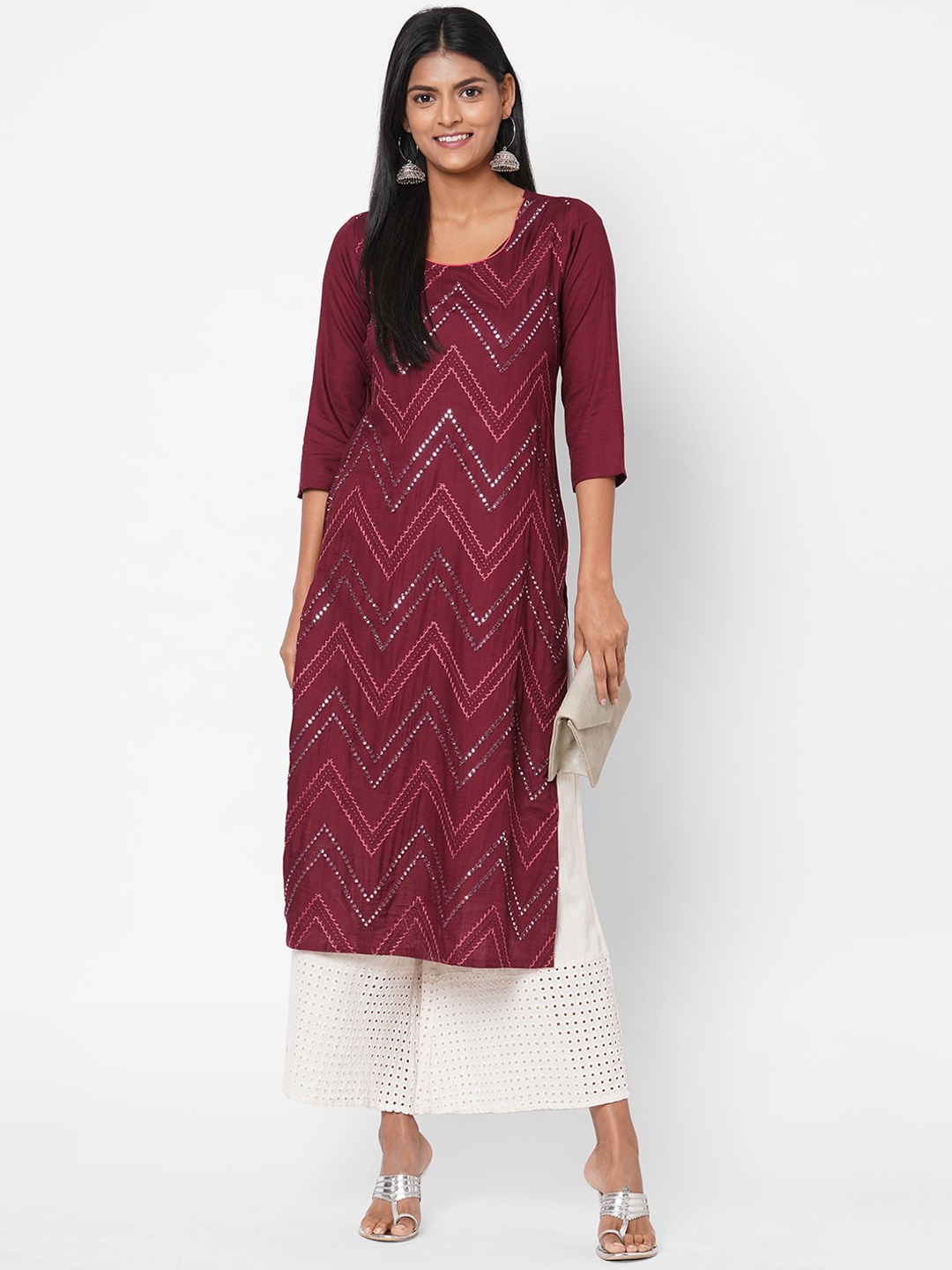 

FASHOR Women Burgundy Woven Design Straight Kurta