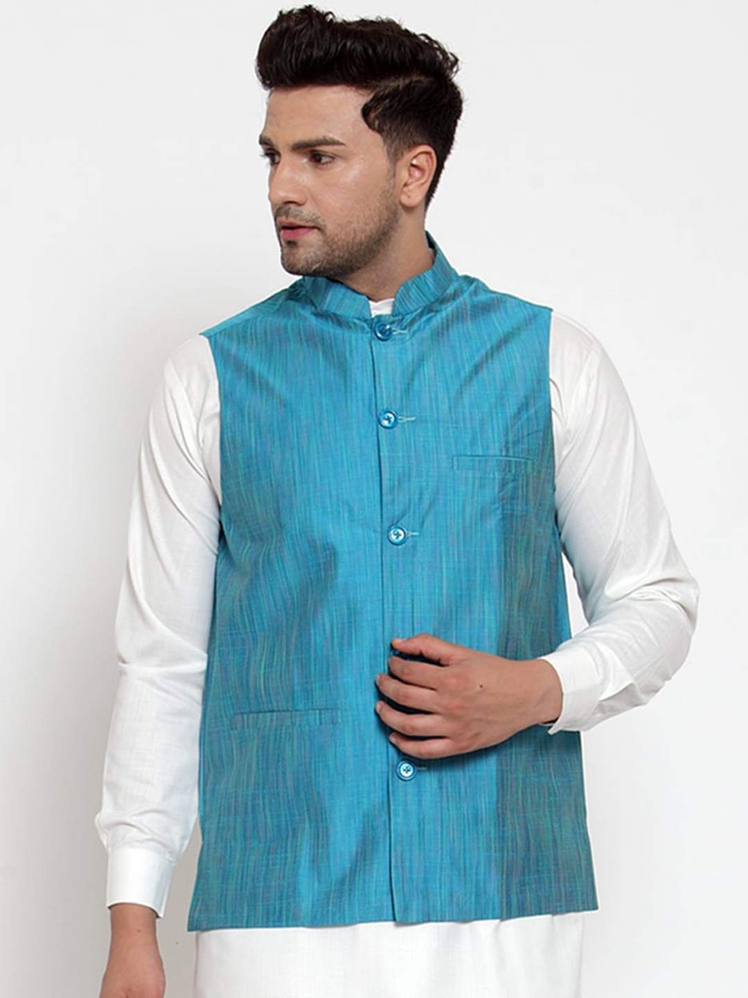 

Jompers Men Blue Woven Design Pure Cotton Nehru Jacket