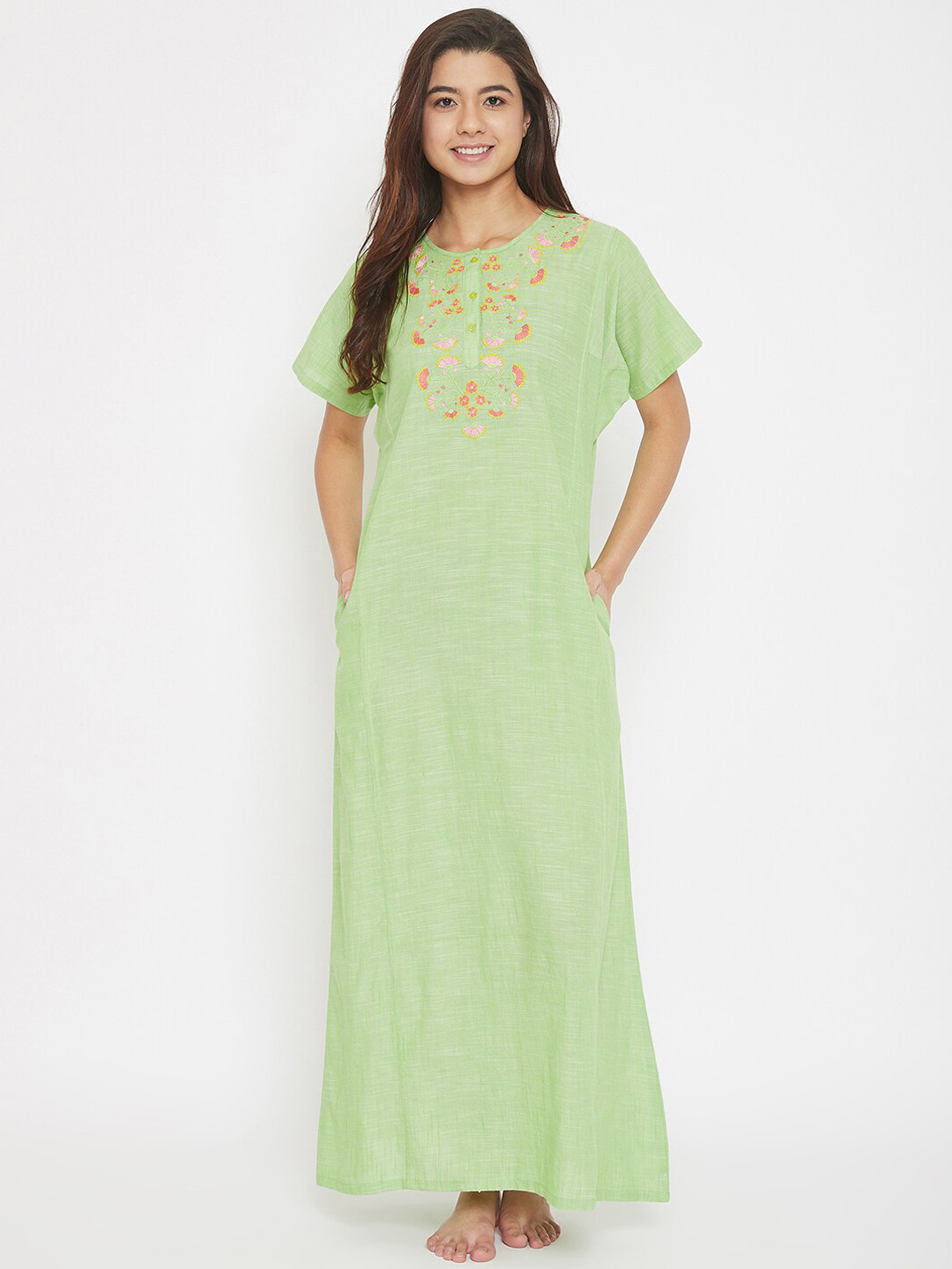 

The Kaftan Company Women Green & Pink Embroidered Maxi Nightdress