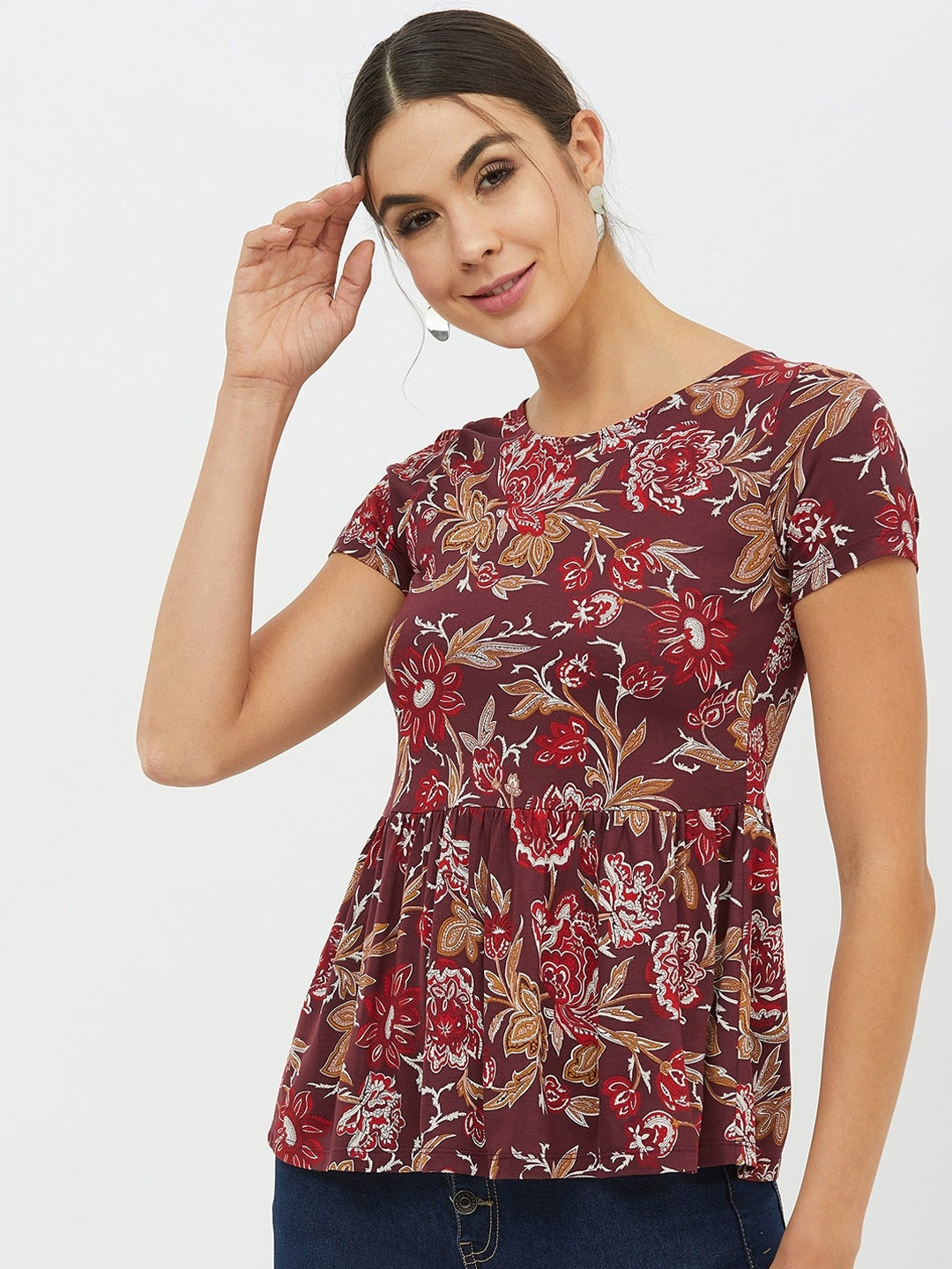 

Harpa Women Maroon Printed Round Neck T-shirt