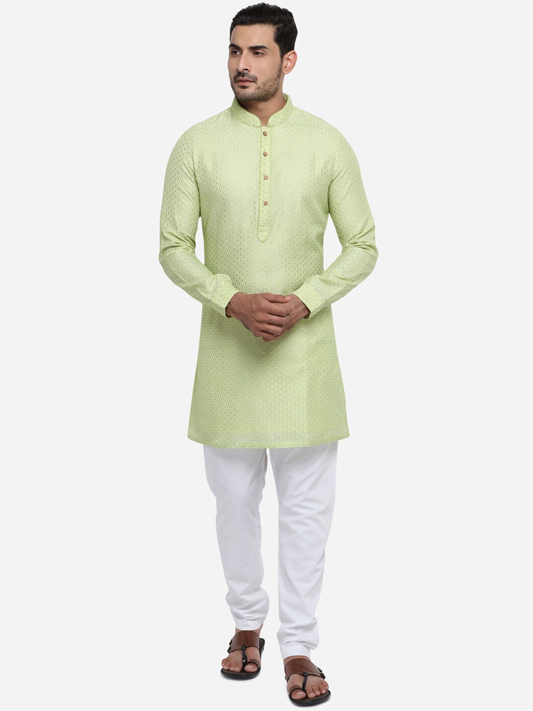 

azania Men Green Woven Design Straight Kurta