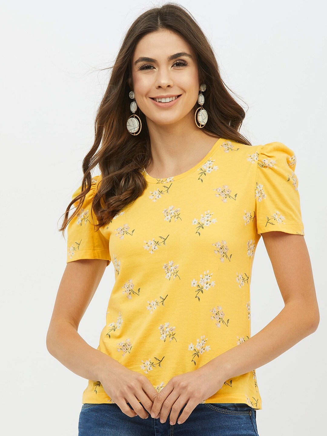 

Harpa Women Yellow Floral Printed Cotton Round Neck Pure Cotton T-shirt