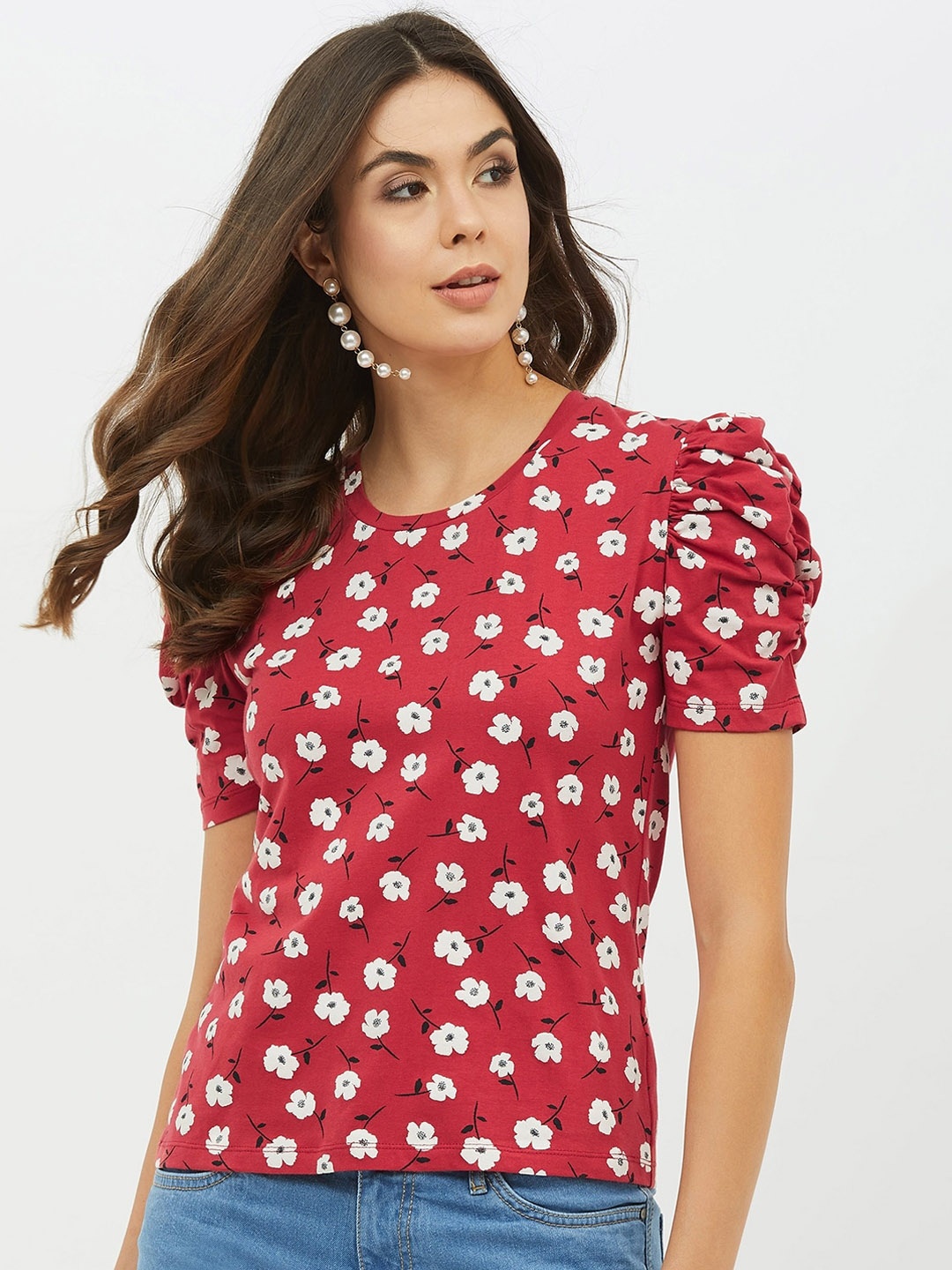 

Harpa Women Red Printed Round Neck T-shirt
