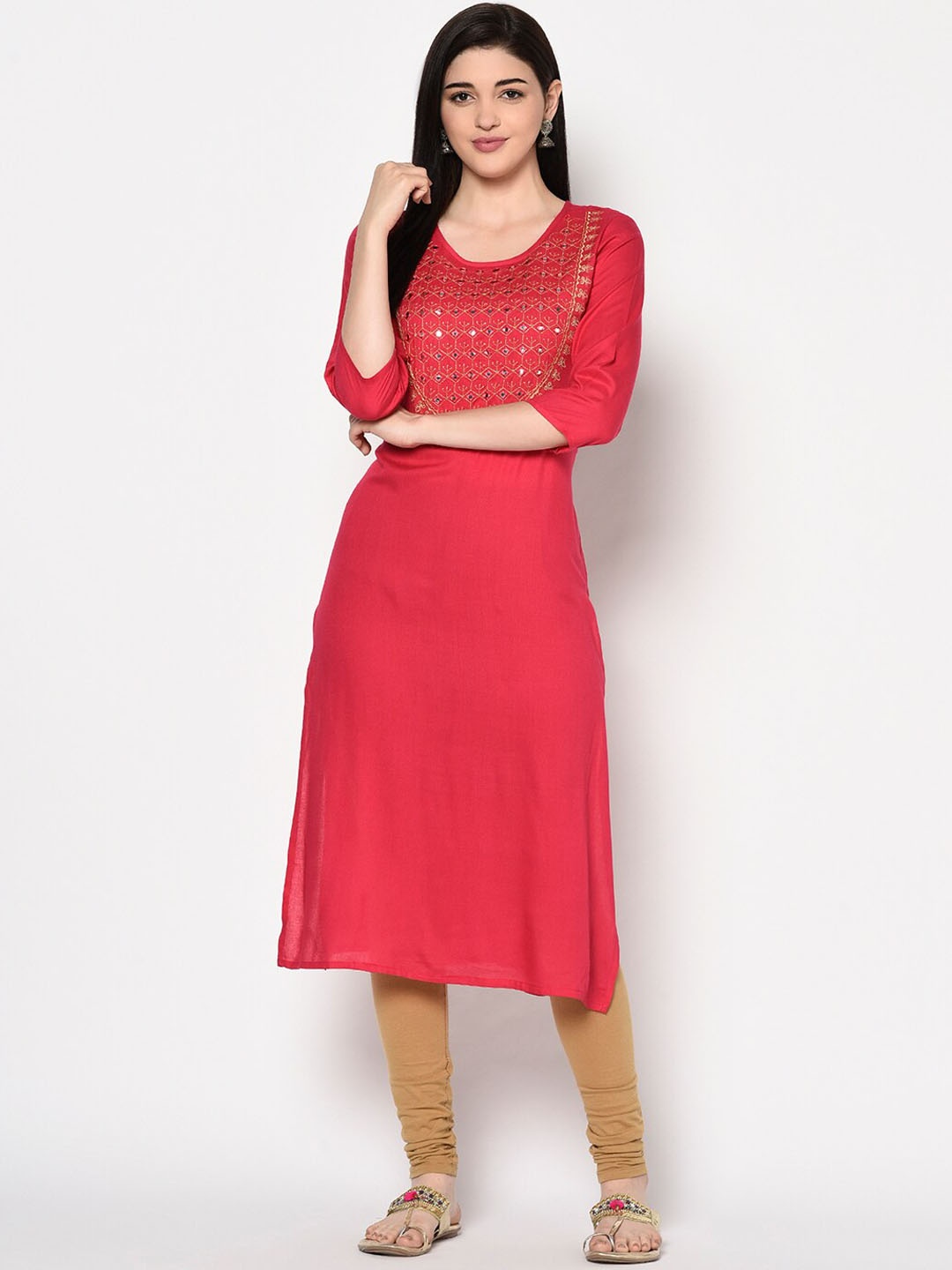 

GULMOHAR JAIPUR Women Pink Yoke Design Straight Kurta