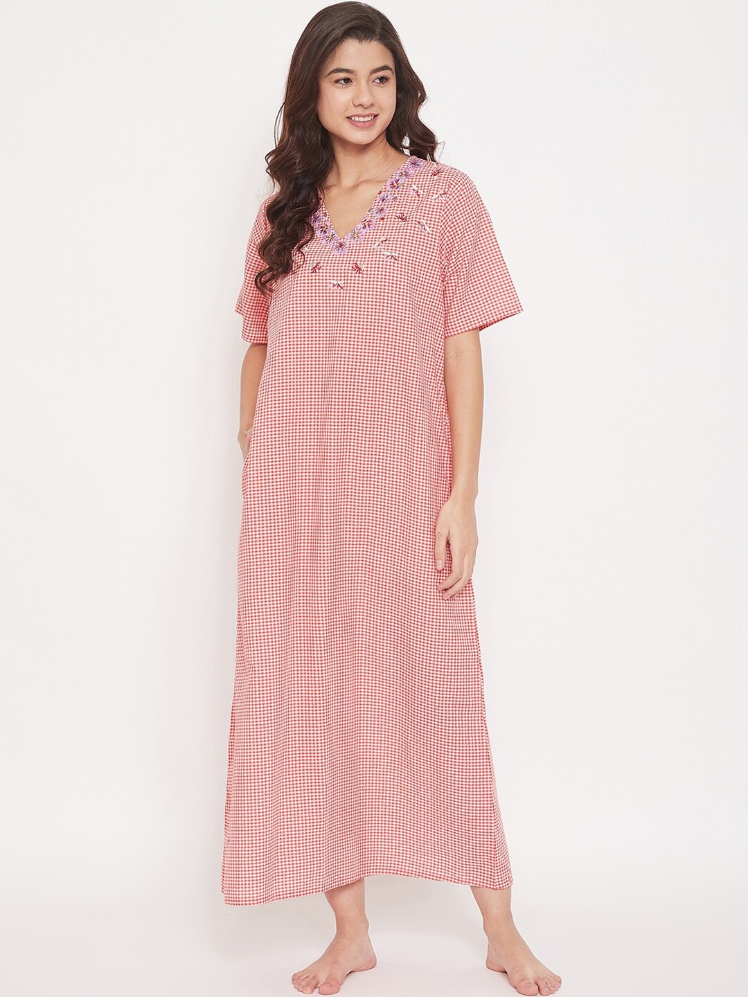 

The Kaftan Company Women Red & White Checked Maxi Nightdress