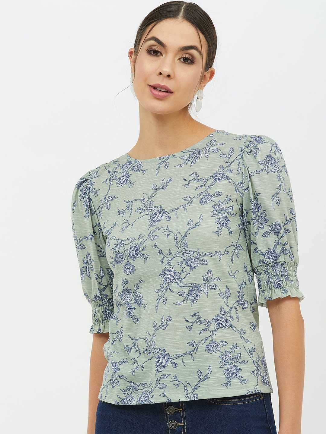 

Harpa Women Sea Green Printed Round Neck T-shirt