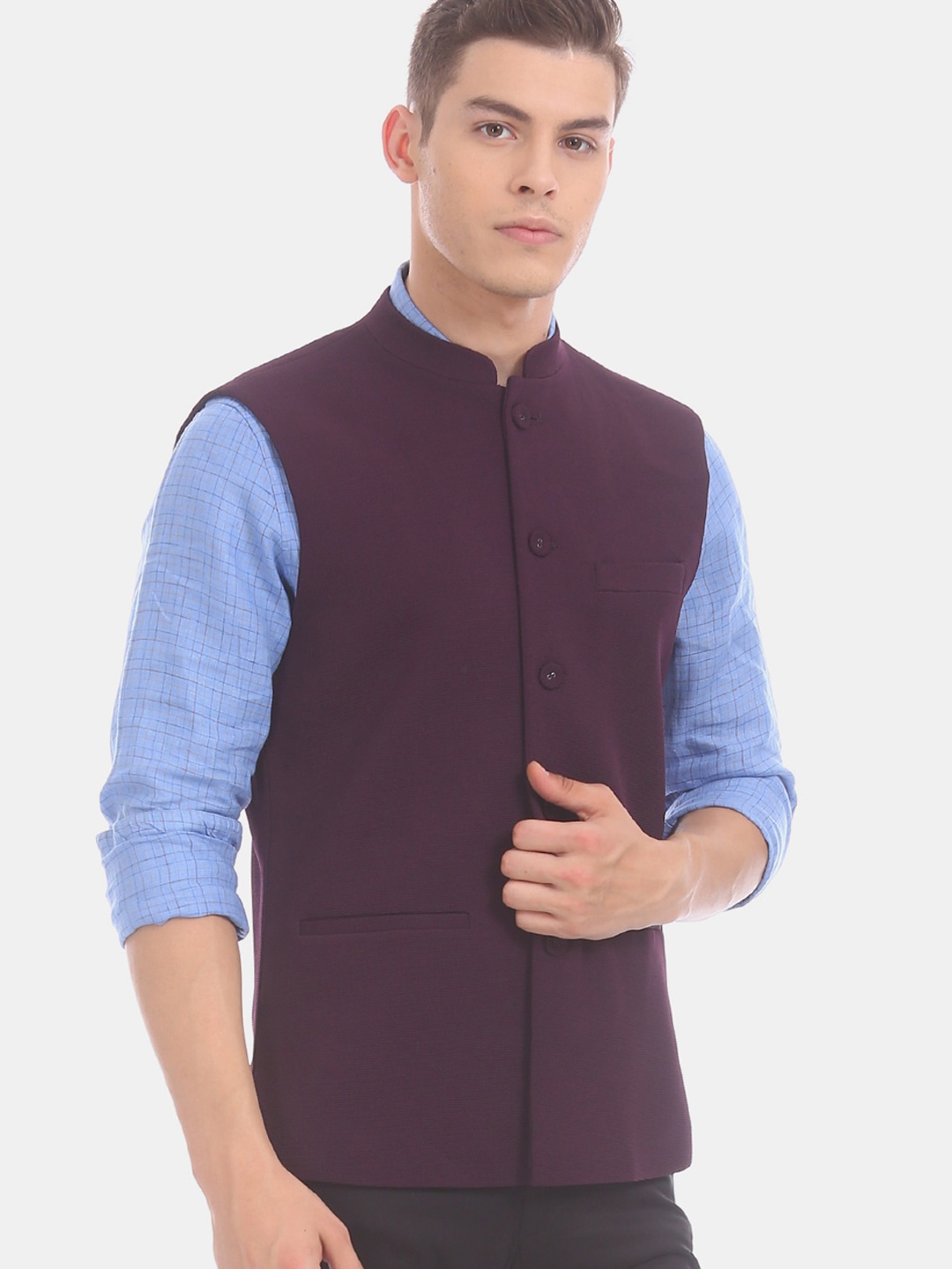 

True Blue Men Dark Purple Textured Waistcoat