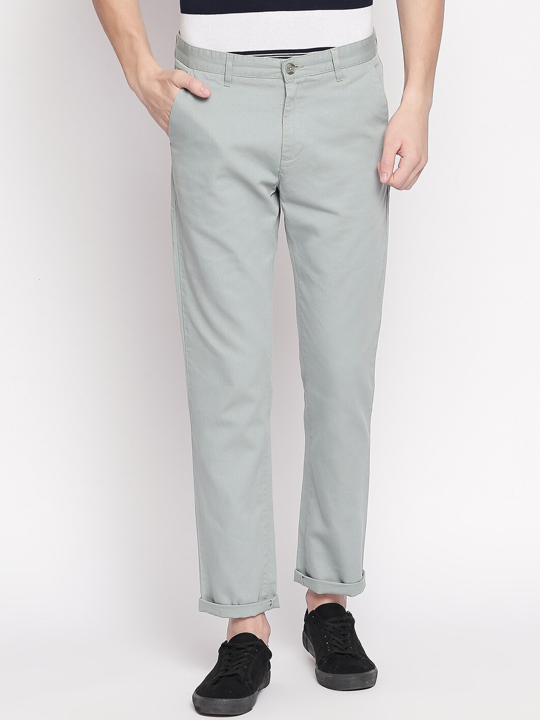

BYFORD by Pantaloons Men Green Regular Fit Solid Cotton Regular Trousers