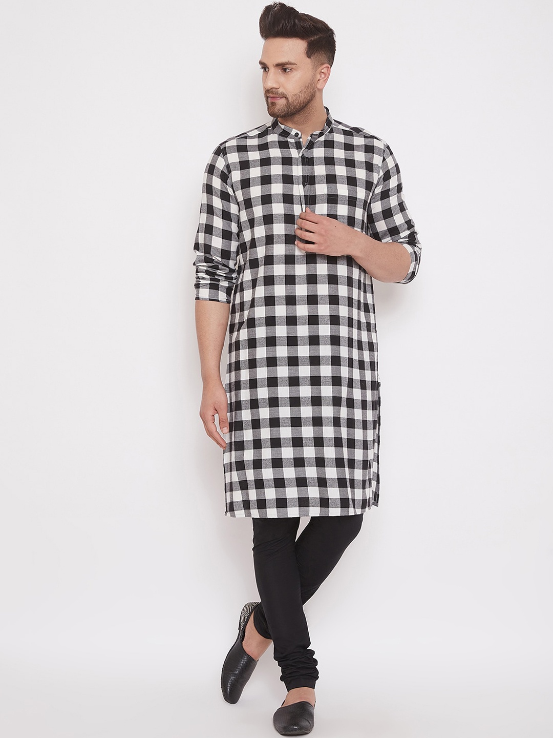 

even Men Black & White Checked Straight Kurta