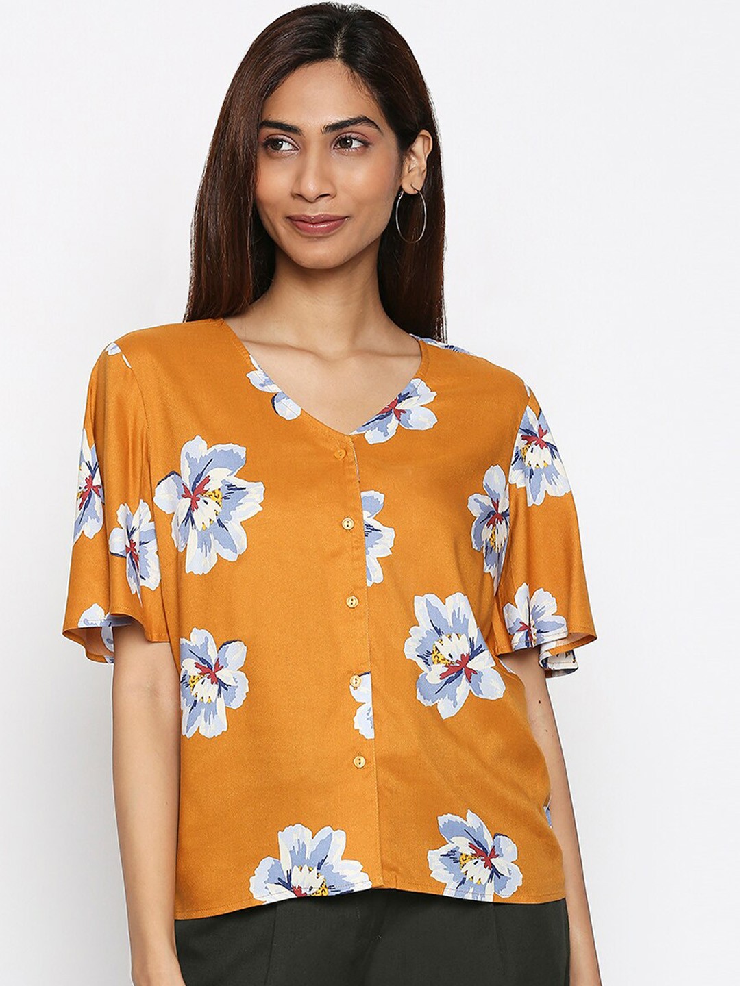 

Honey by Pantaloons Women Mustard Yellow Floral Printed Top