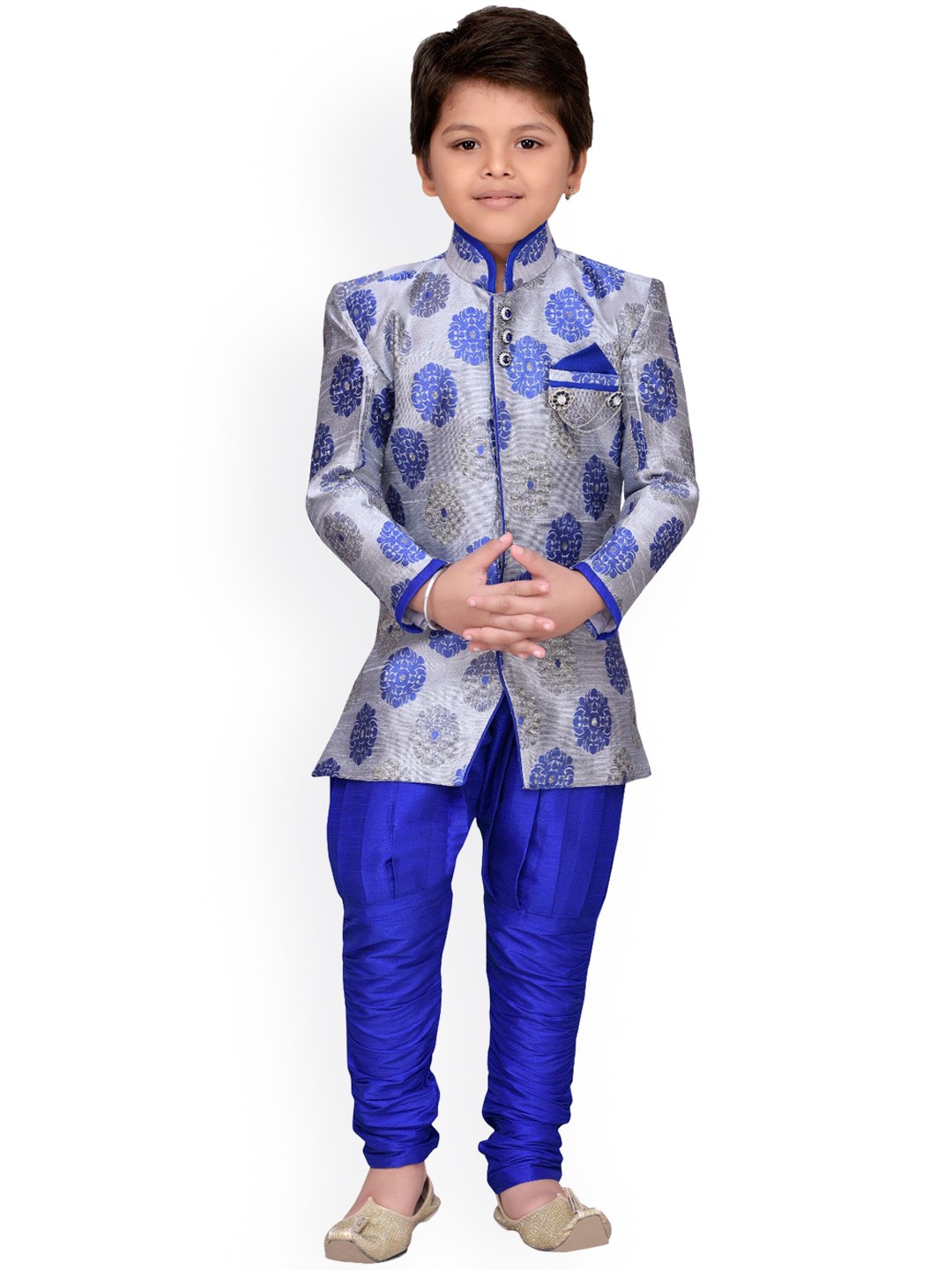 

Aj DEZInES Boys Grey & Blue Sherwani Set