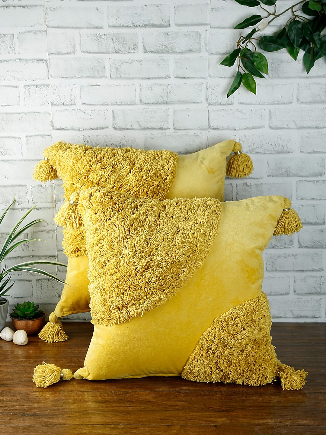 

eyda Set of 2 Yellow Self-Design Square Velvet Cushion Covers
