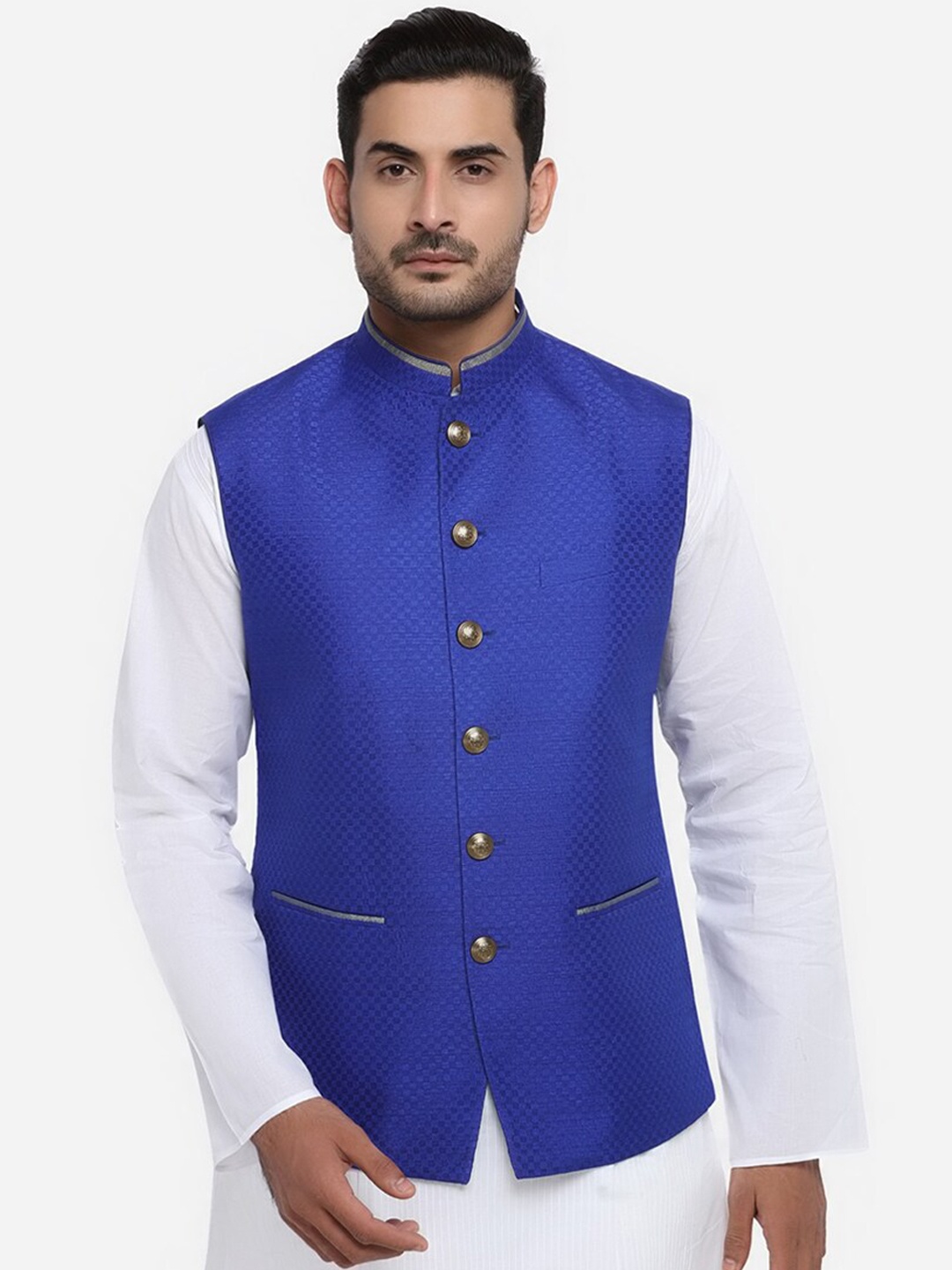 JADE BLUE Men Blue Woven Design Modi Jacket