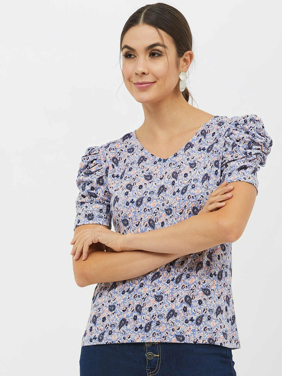 

Harpa Women Purple Printed V-Neck T-shirt