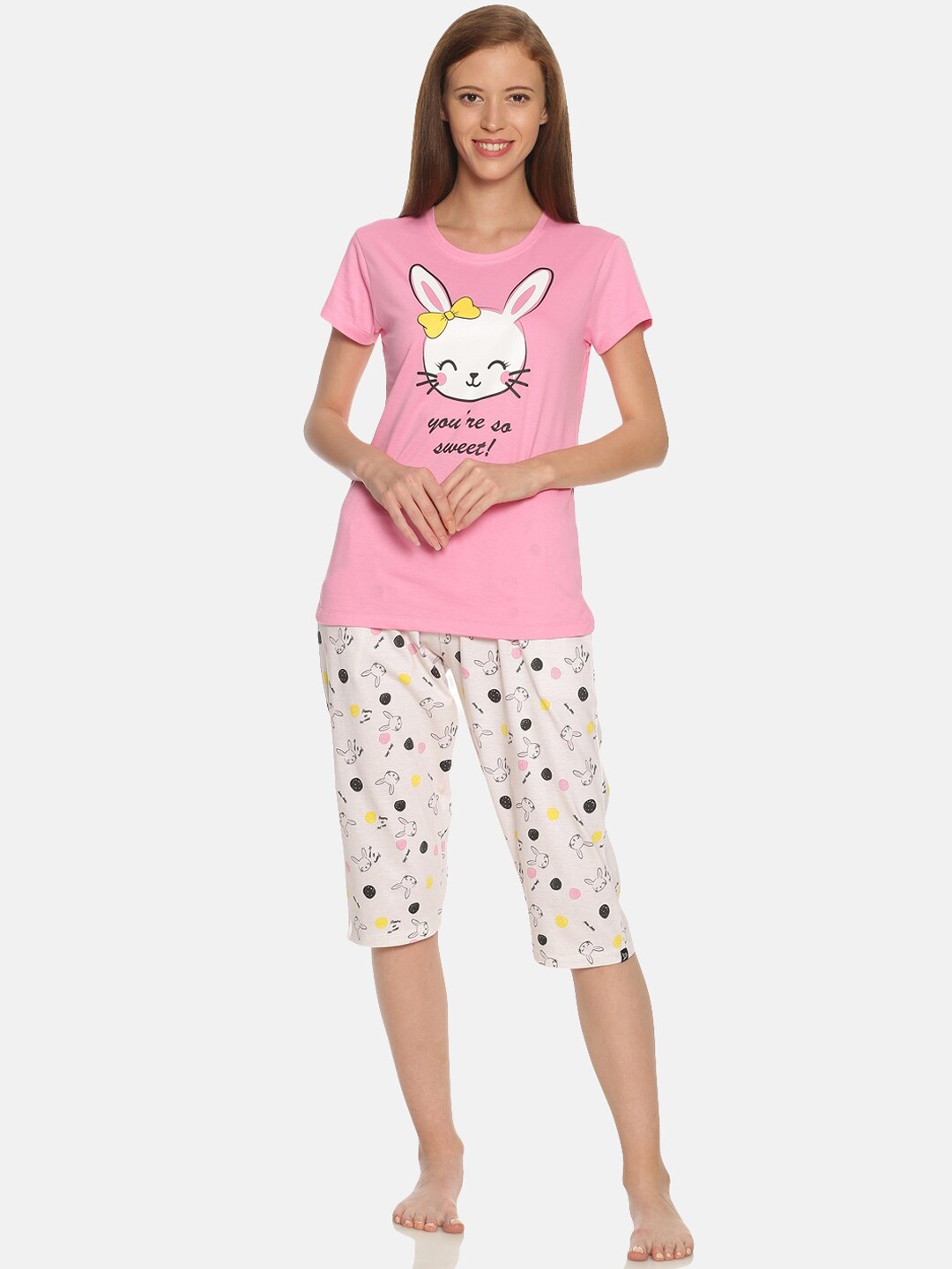 

TWIN BIRDS Women Pink & White Printed Night Suit