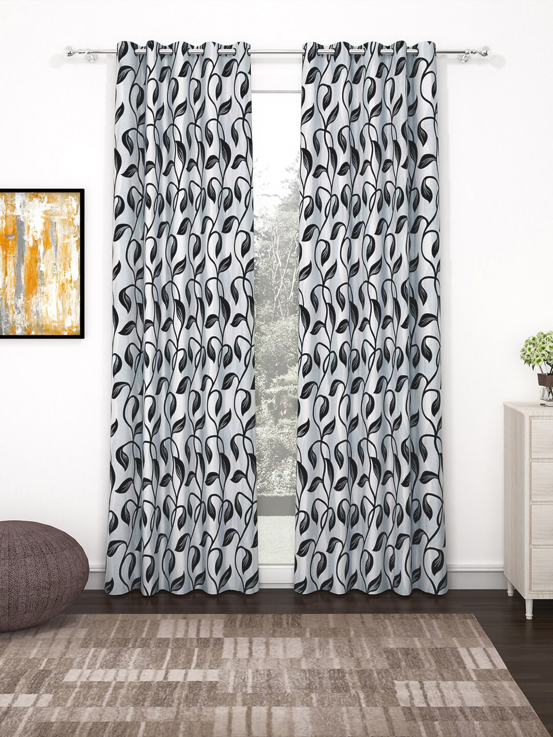 

Bedspun Set Of 2 Black & White Printed Polyetser Eyelet Ringtop Door Curtains