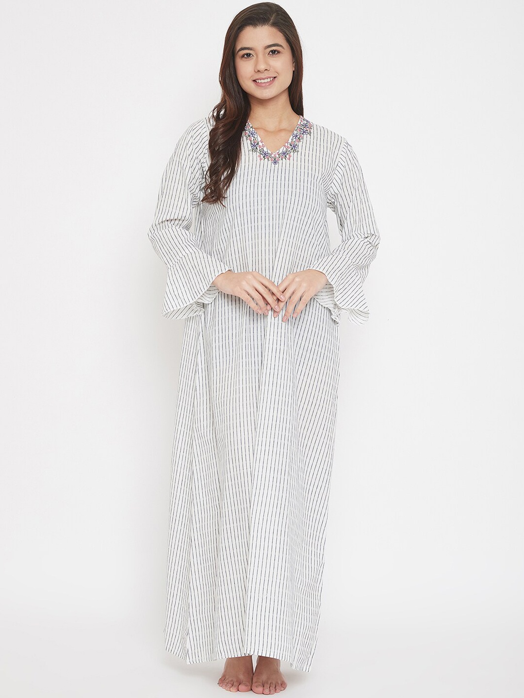

The Kaftan Company Women White & Blue Striped Maxi Nightdress