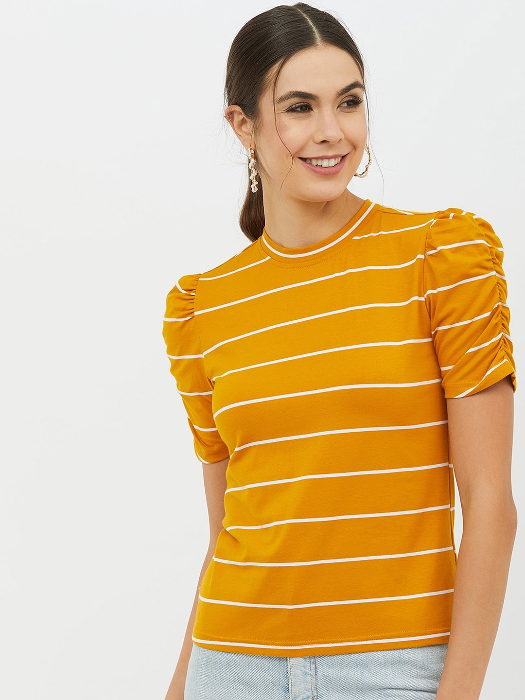 

Harpa Women Mustard Striped Round Neck T-shirt