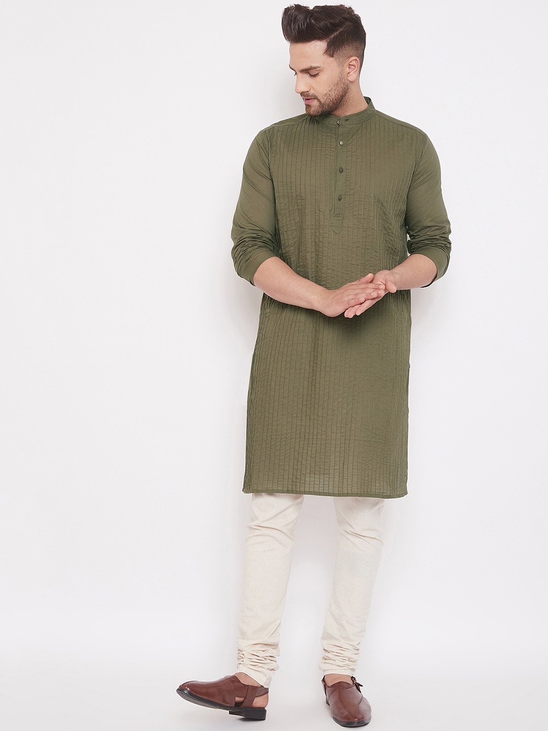

even Men Green Striped Straight Kurta