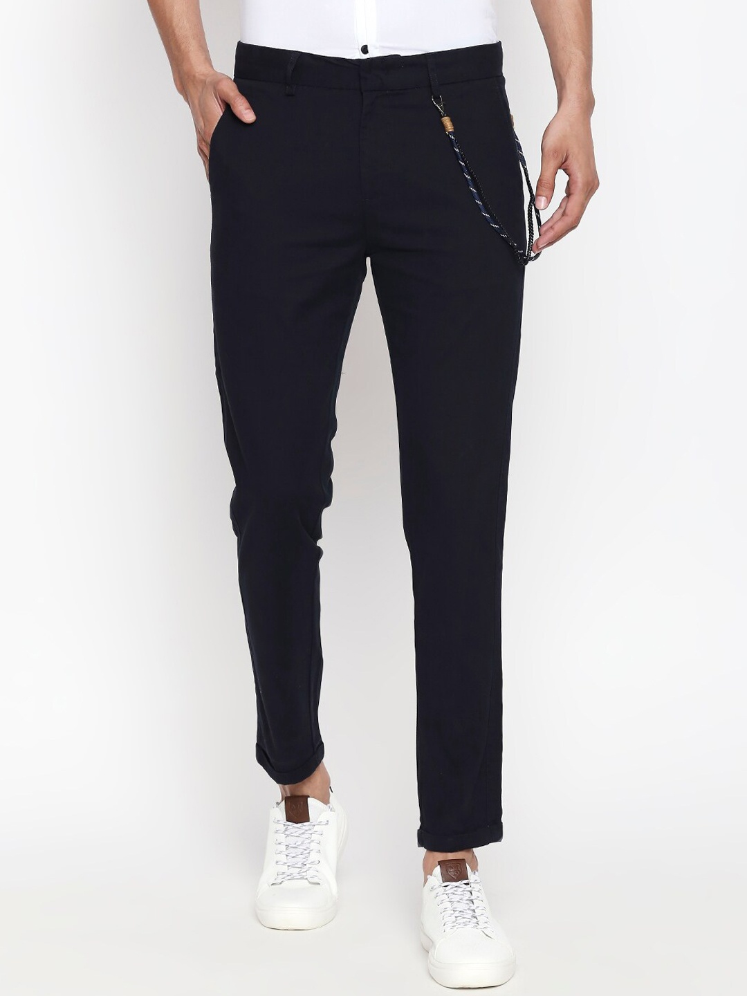 

People Men Navy Blue Skinny Fit Solid Regular Trousers