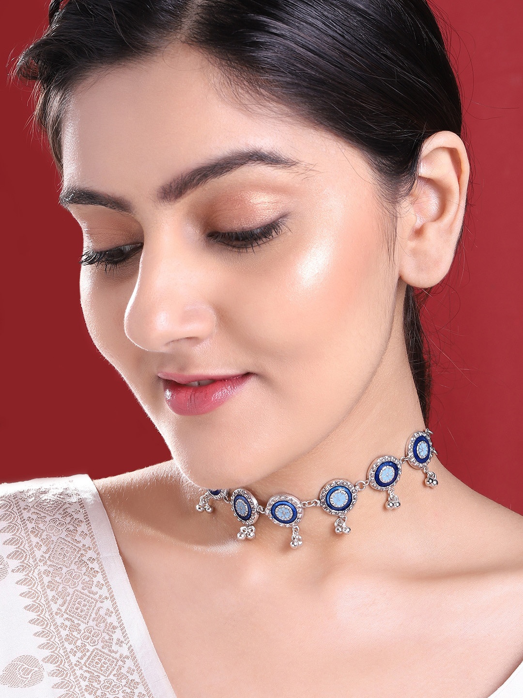 

Rubans Silver-Plated Blue Enamel Handpainted Ghungru Choker Necklace