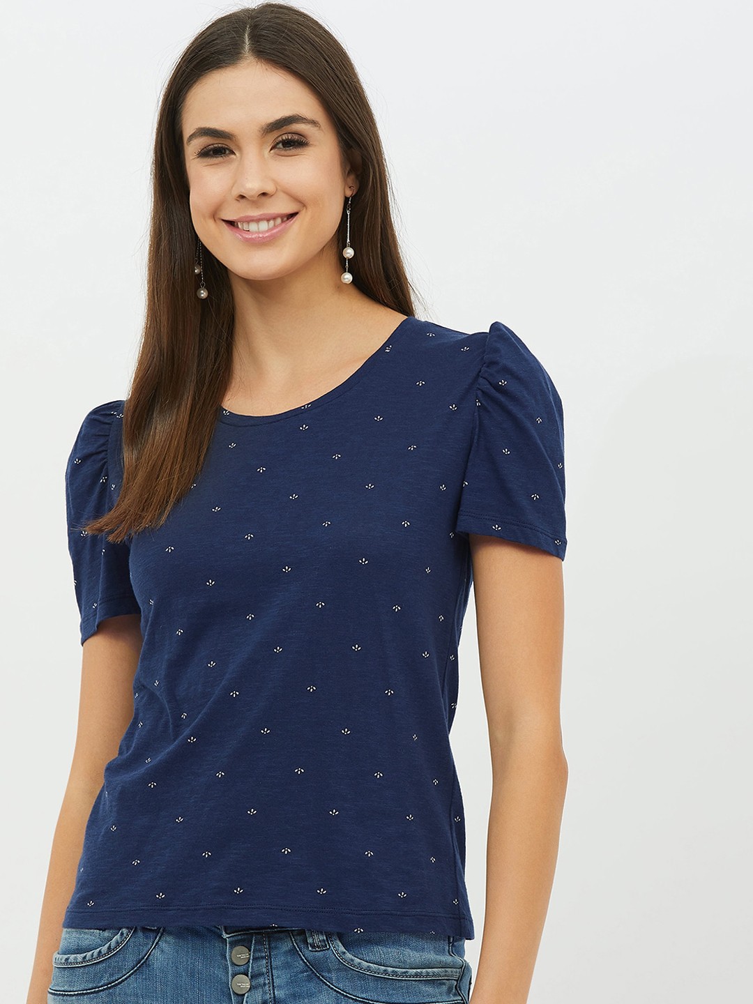 

Harpa Women Navy Blue Printed Round Neck T-shirt