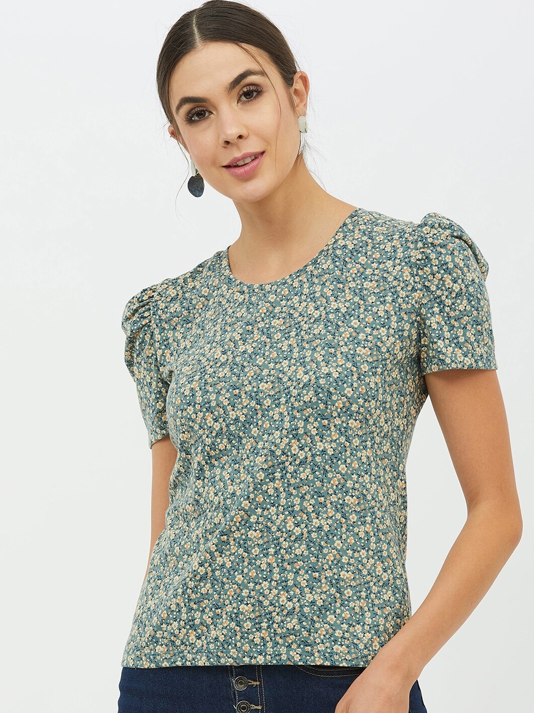 

Harpa Women Green Yellow Floral Printed Pure Cotton T-shirt