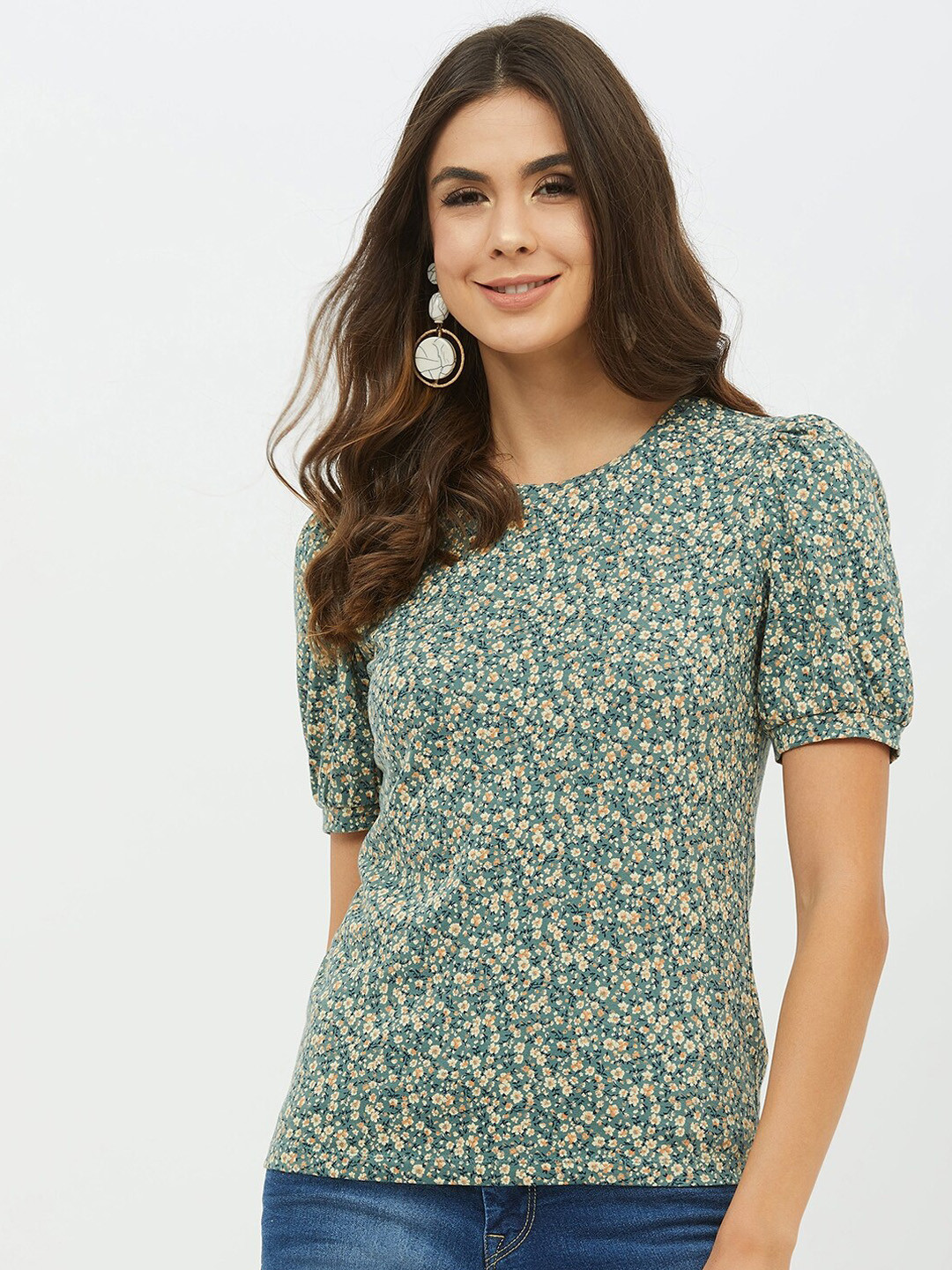 

Harpa Women Green Yellow Floral Printed Cotton Round Neck Pure Cotton T-shirt