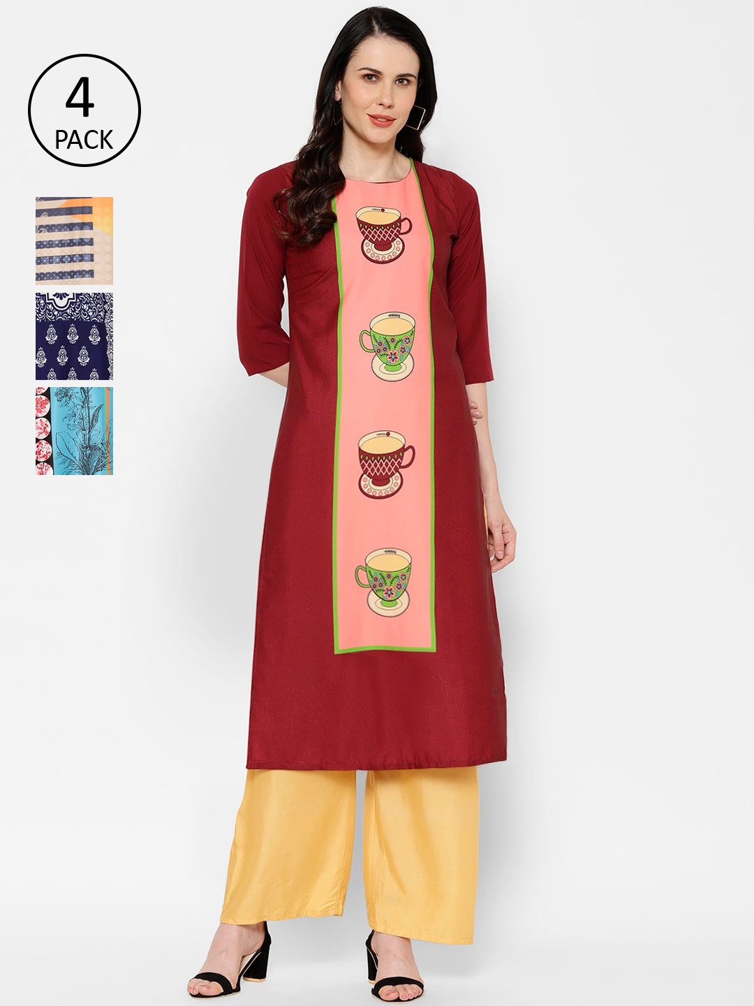 7Threads Women Pack Of 4 Printed Straight Kurta, Multi